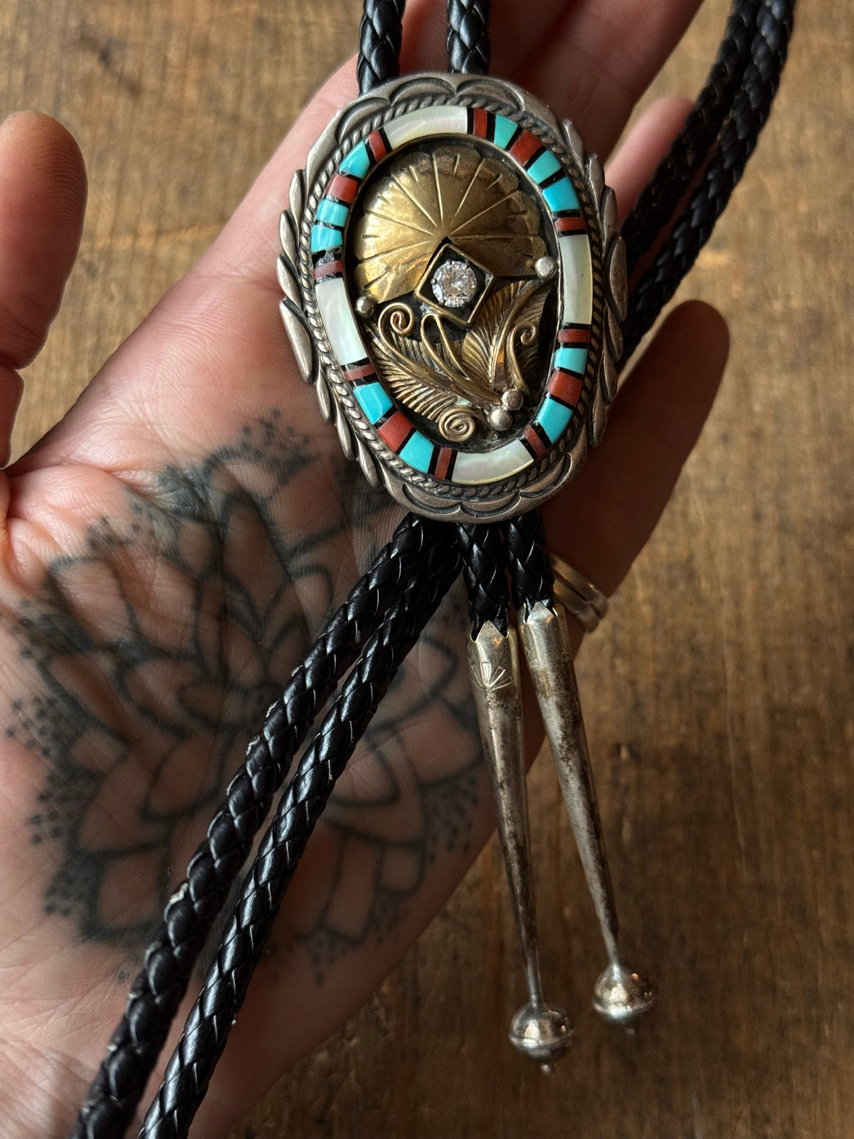 Vintage Sterling Silver & Brass CZ Multistone Inlay Bolo