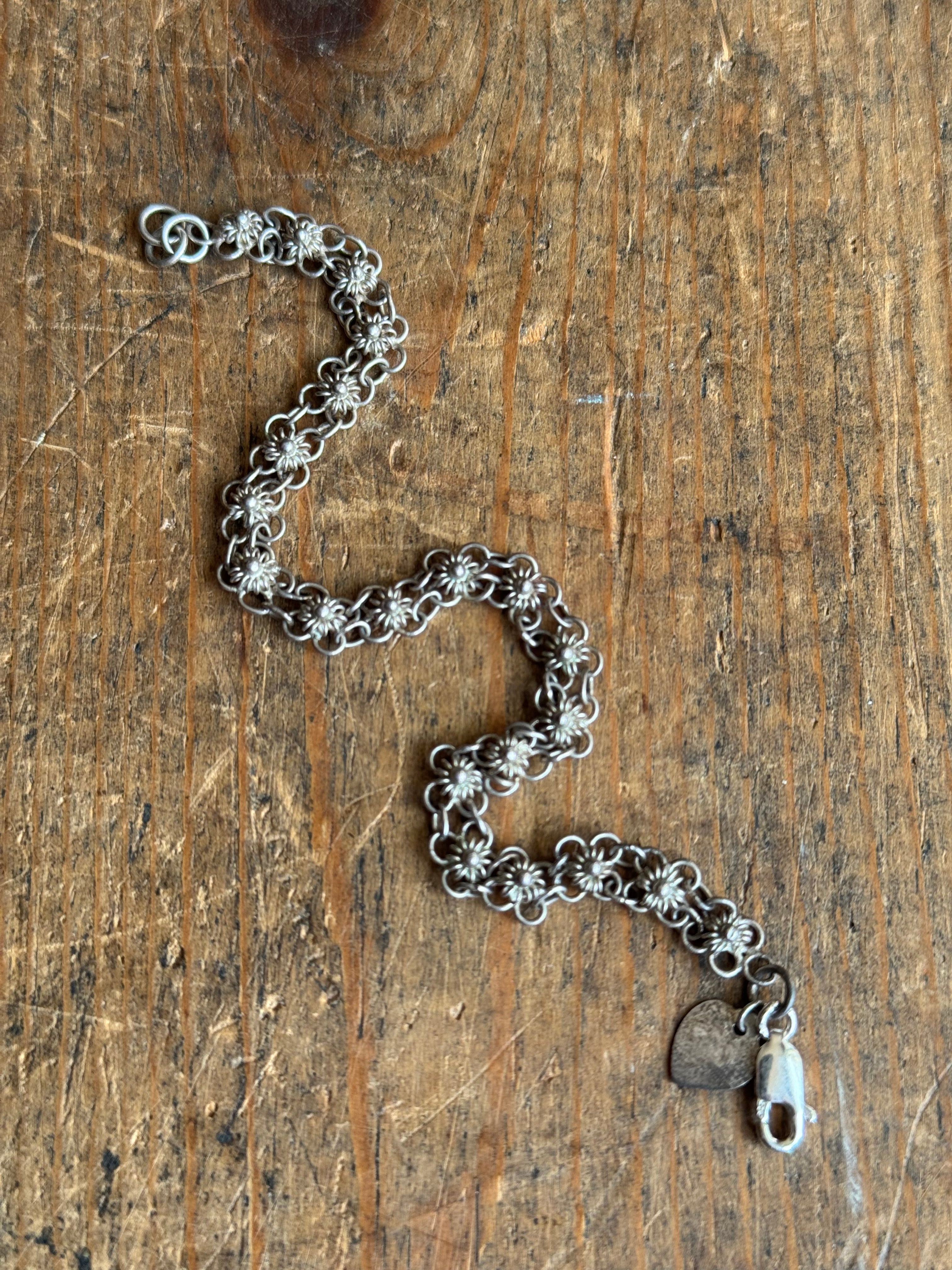 Vintage Sterling Silver 6.75” Flower Link Chain Bracelet