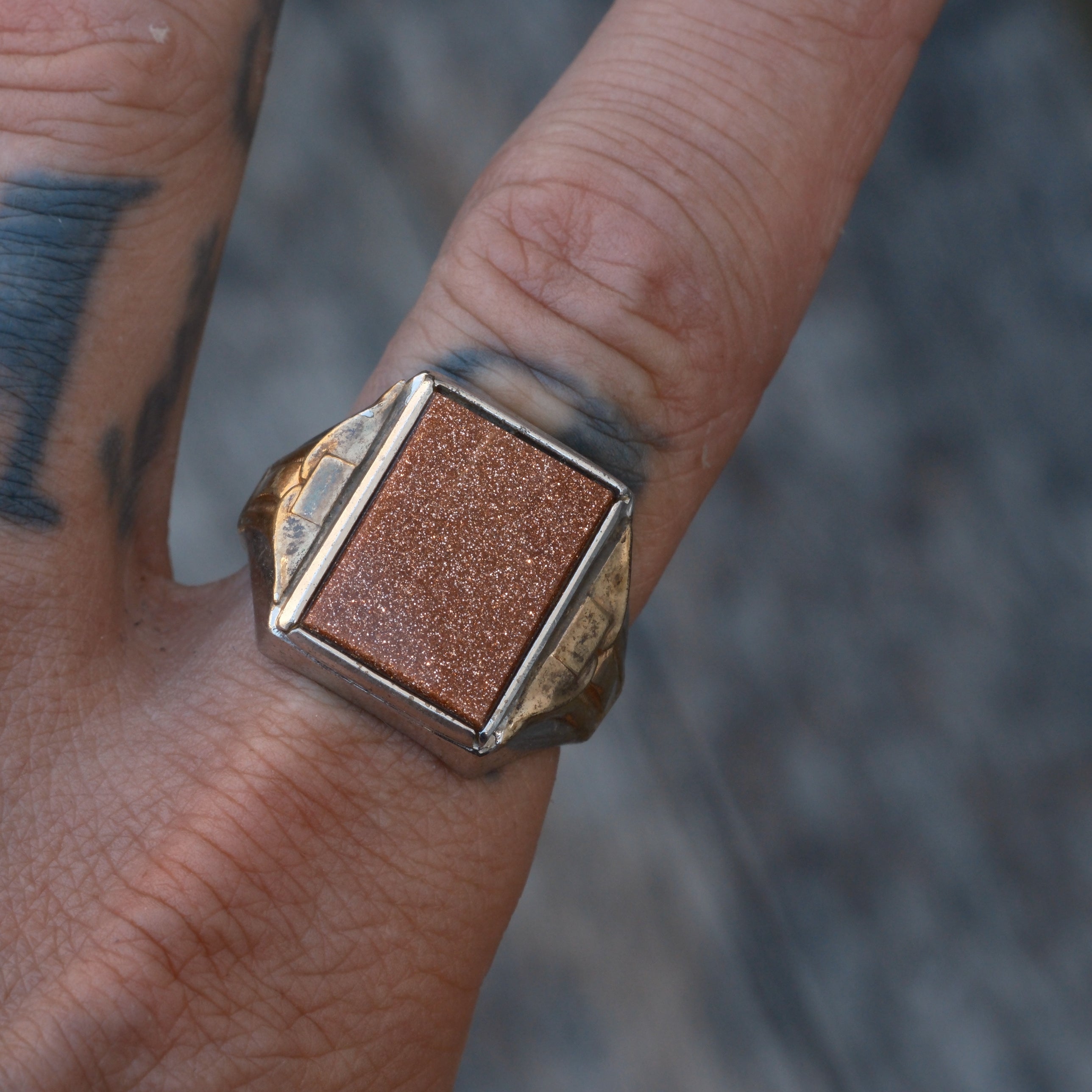 Vintage Sterling Goldstone Signet Ring 10.75