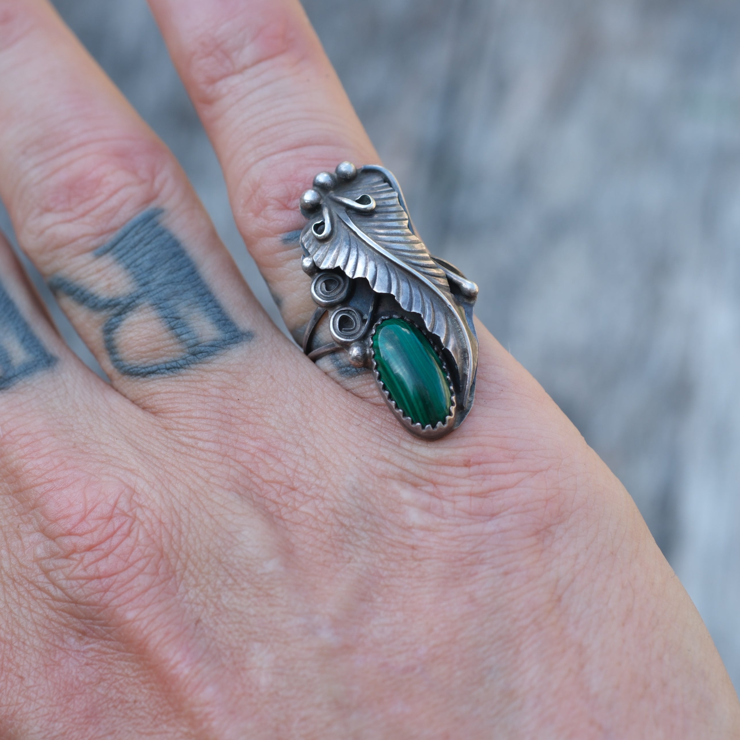 Vintage Sterling Malachite Feather Ring 7.5