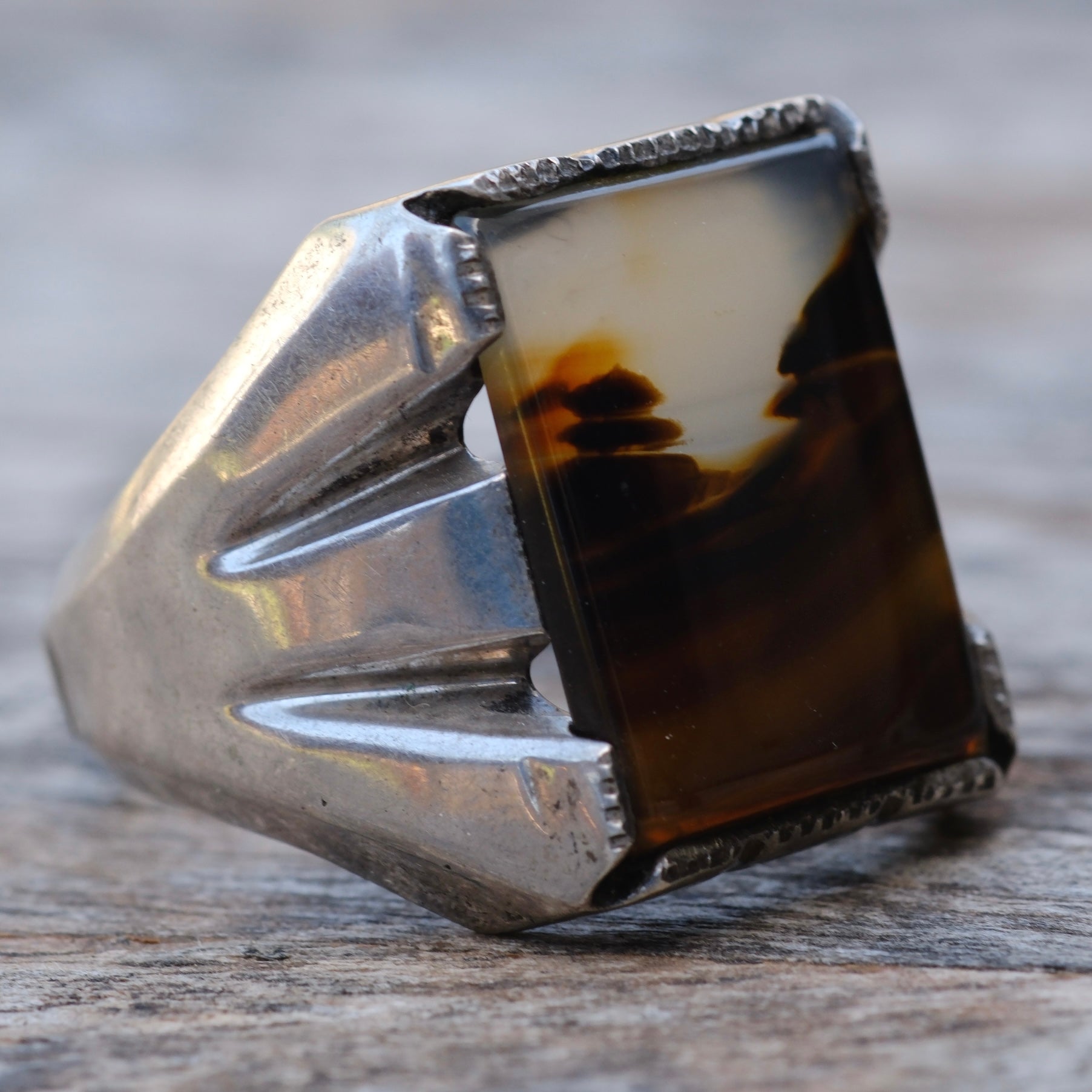 Vintage Sterling Agate Signet Ring 14