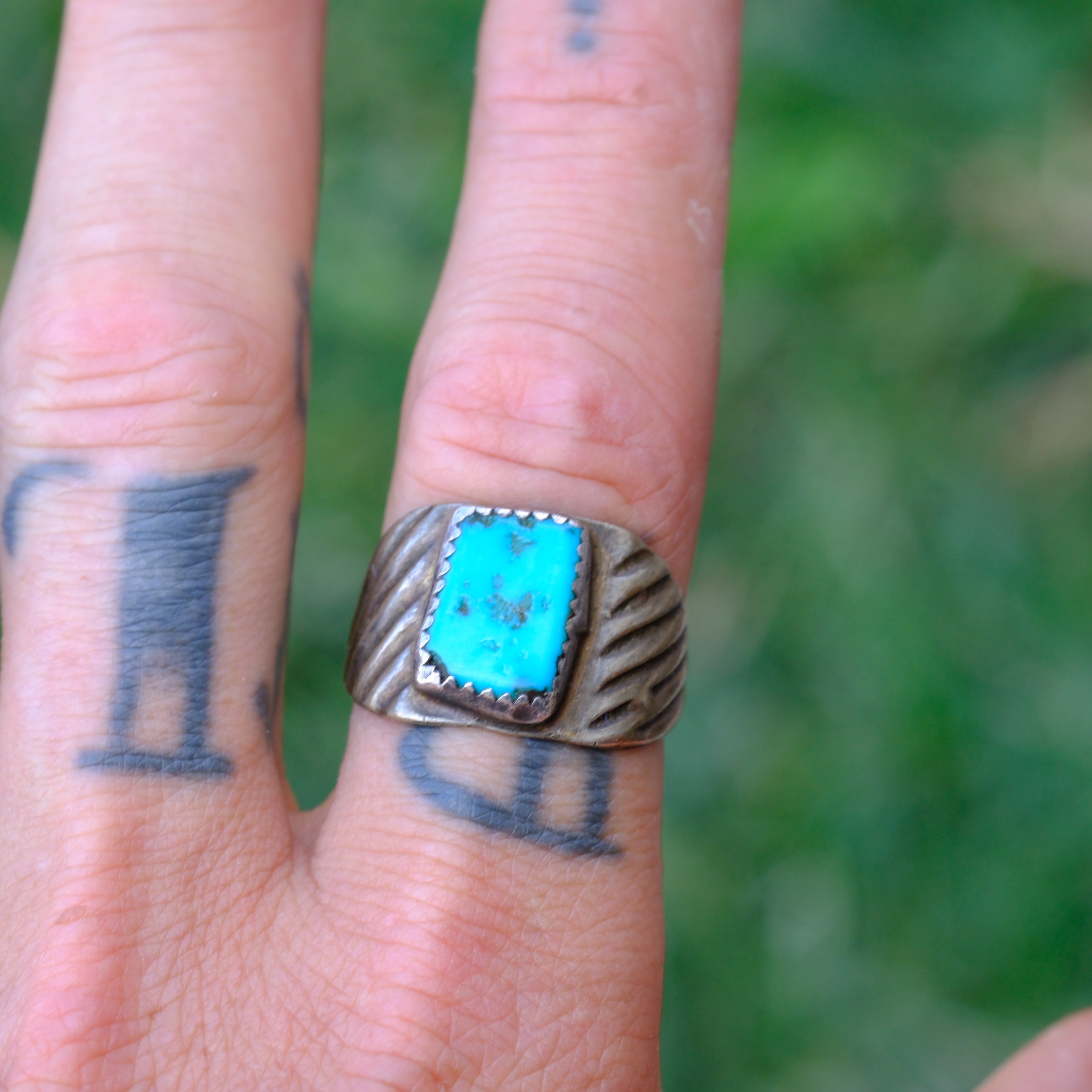 Vintage Sterling Turquoise Stamped Band Ring 10.5