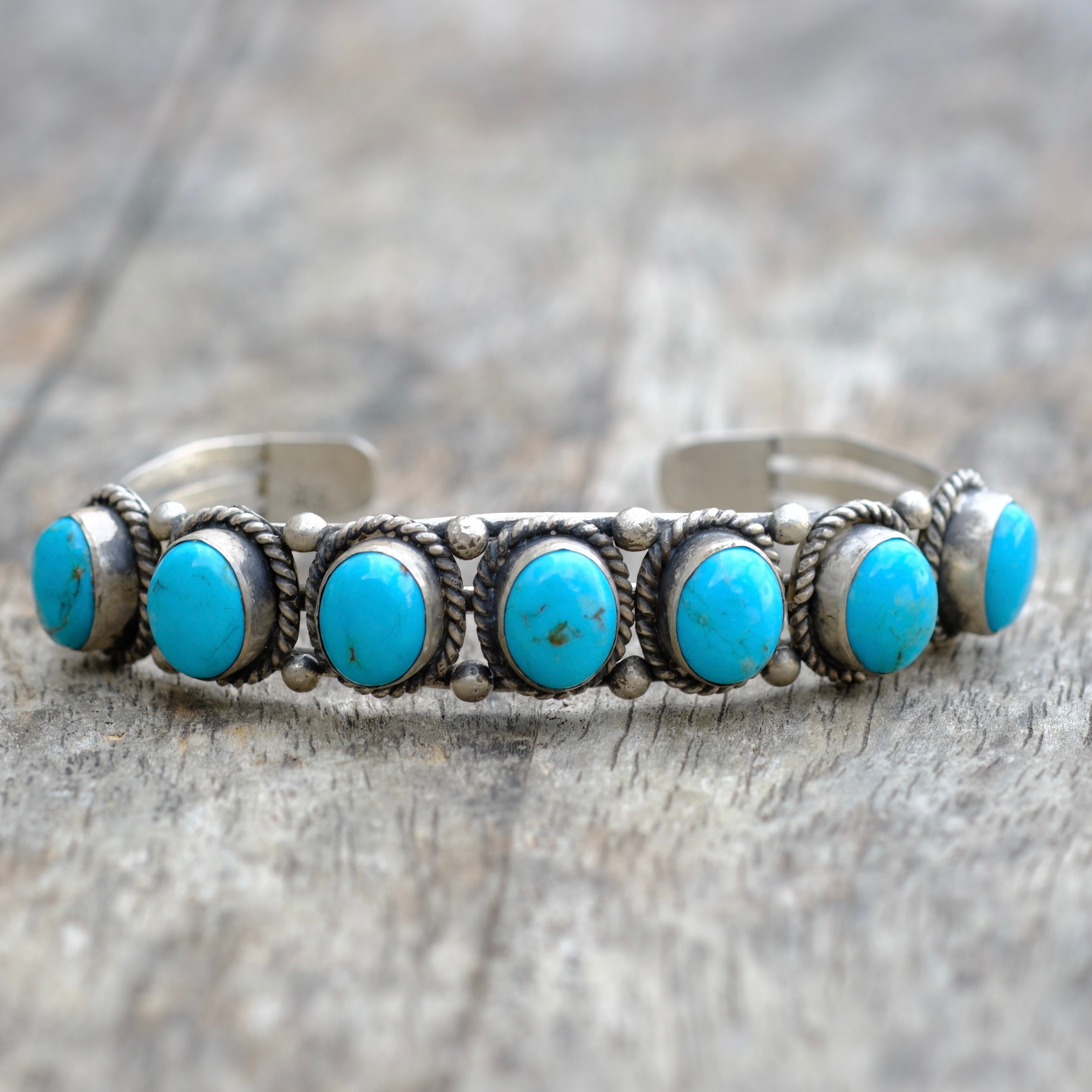 Vintage Sterling 7-Stone Turquoise Cuff Bracelet Running Bear