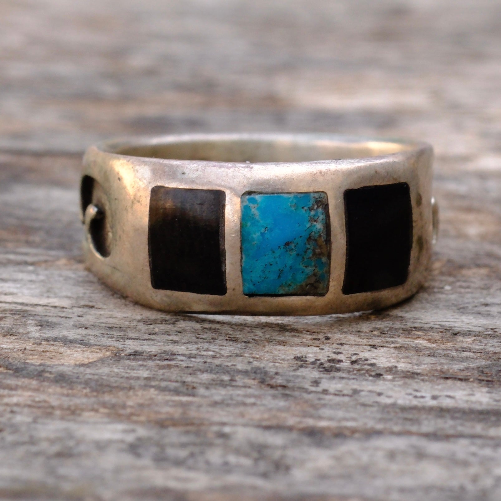 Vintage Sterling Turquoise and Onyx Inlay Band Ring 9.75