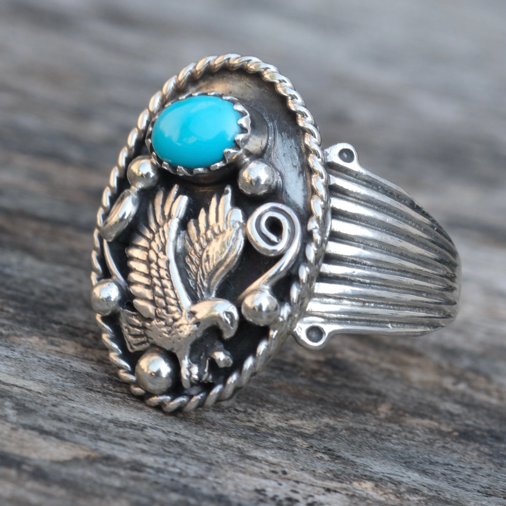 Vintage Sterling Turquoise Eagle Ring 11.5
