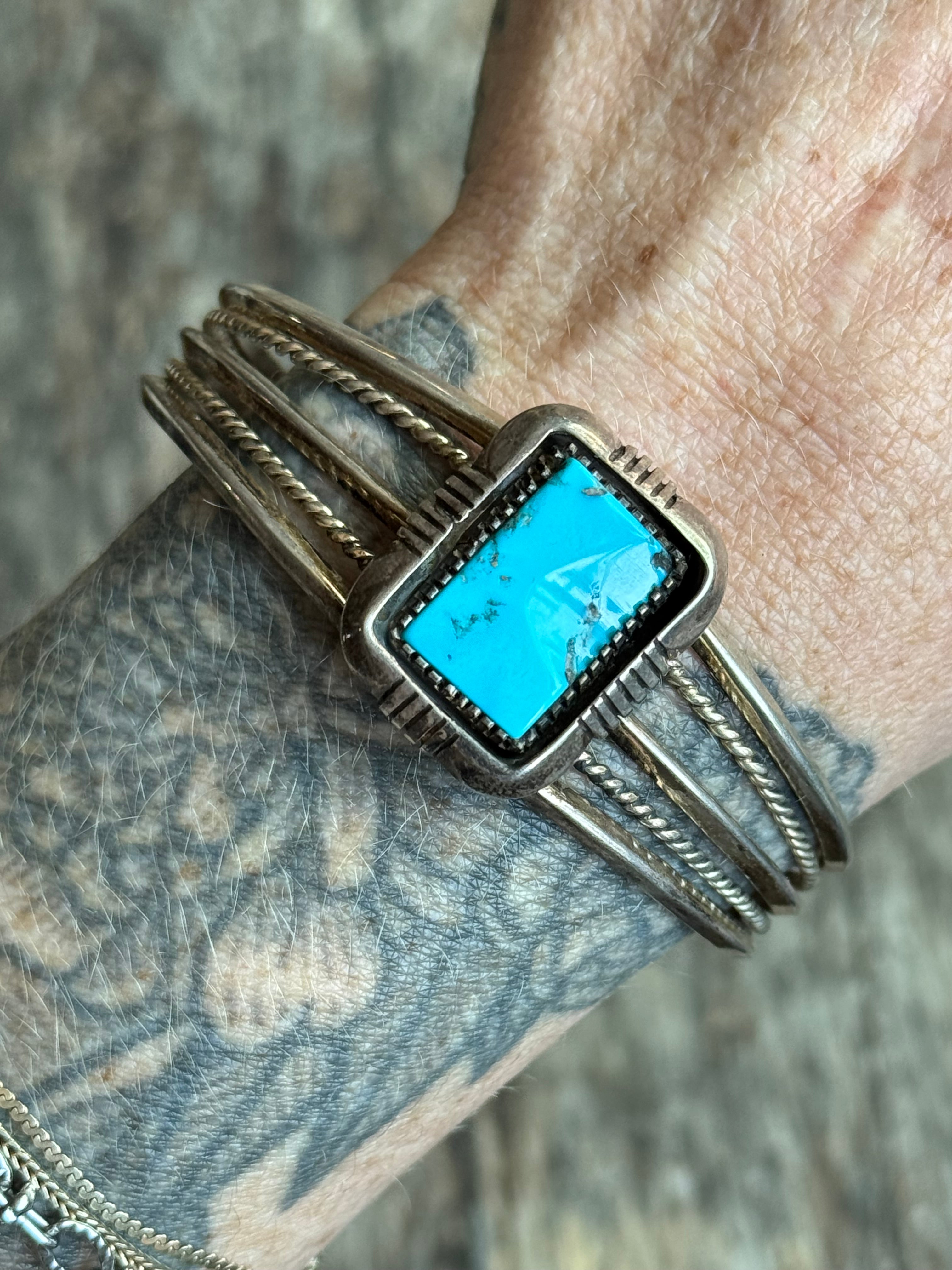 Vintage Sterling Silver Square Turquoise Sawcut Cuff