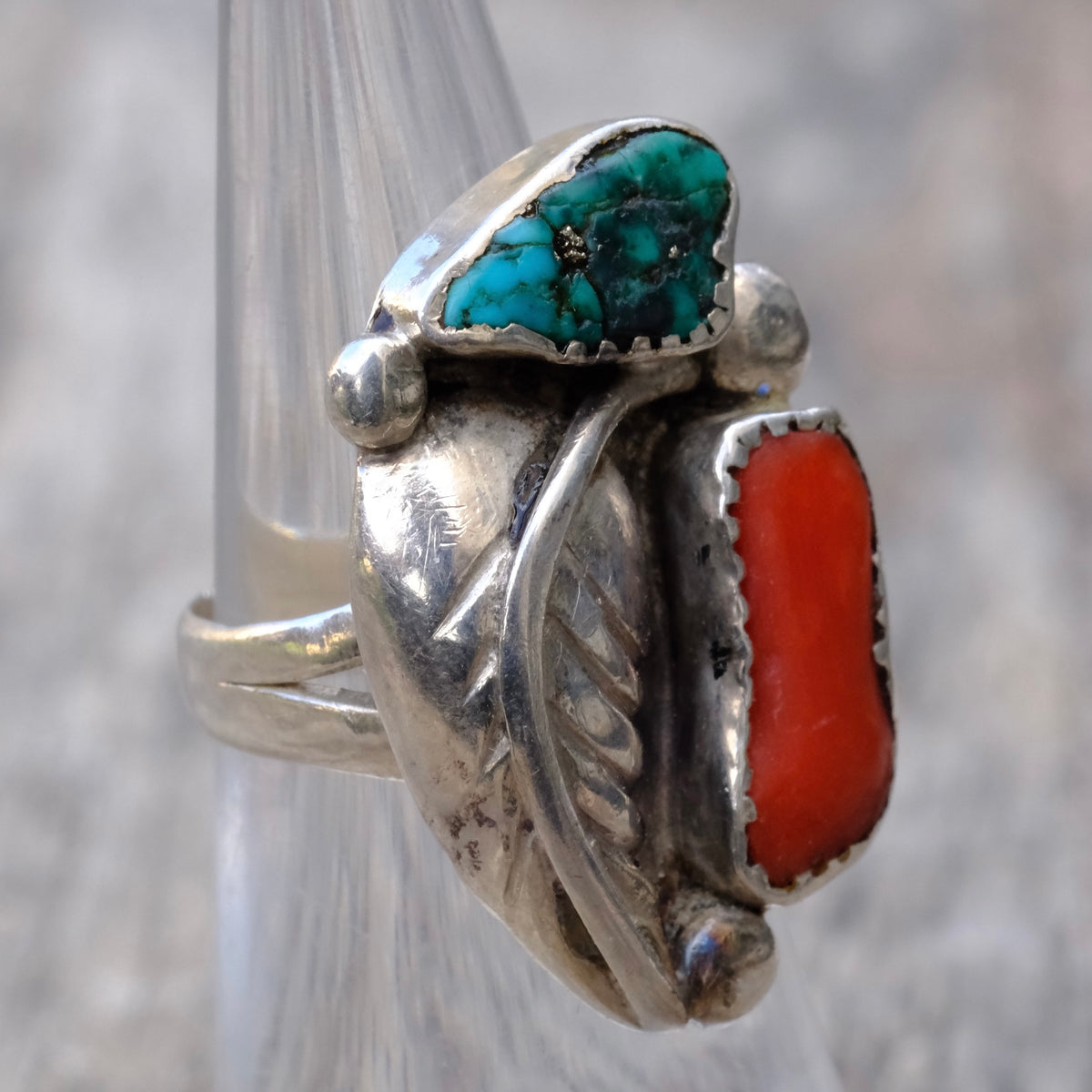 Vintage Sterling Turquoise and Coral Feather Ring 5