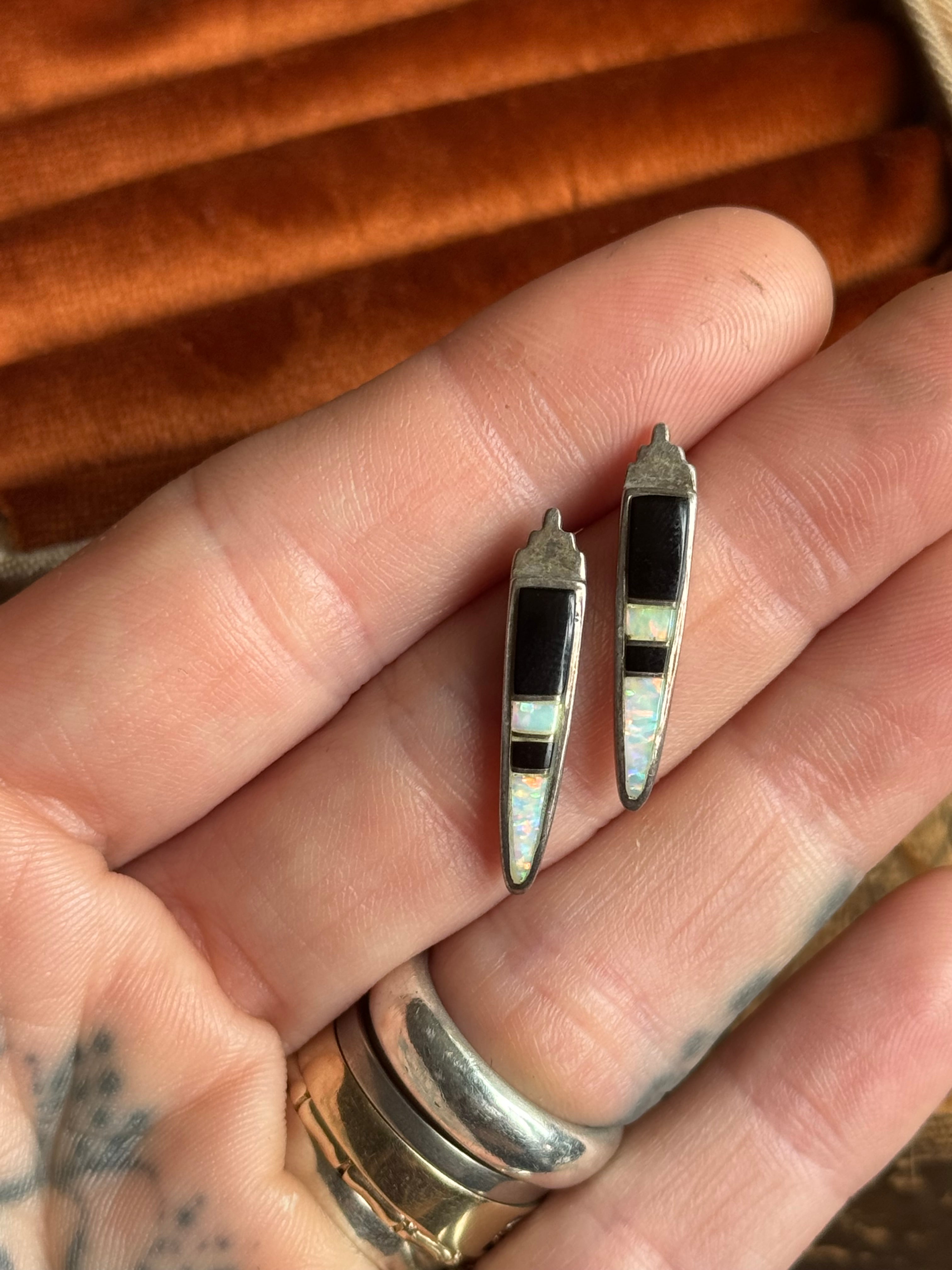 Vintage Sterling Silver Onyx & Opal Inlay Earrings
