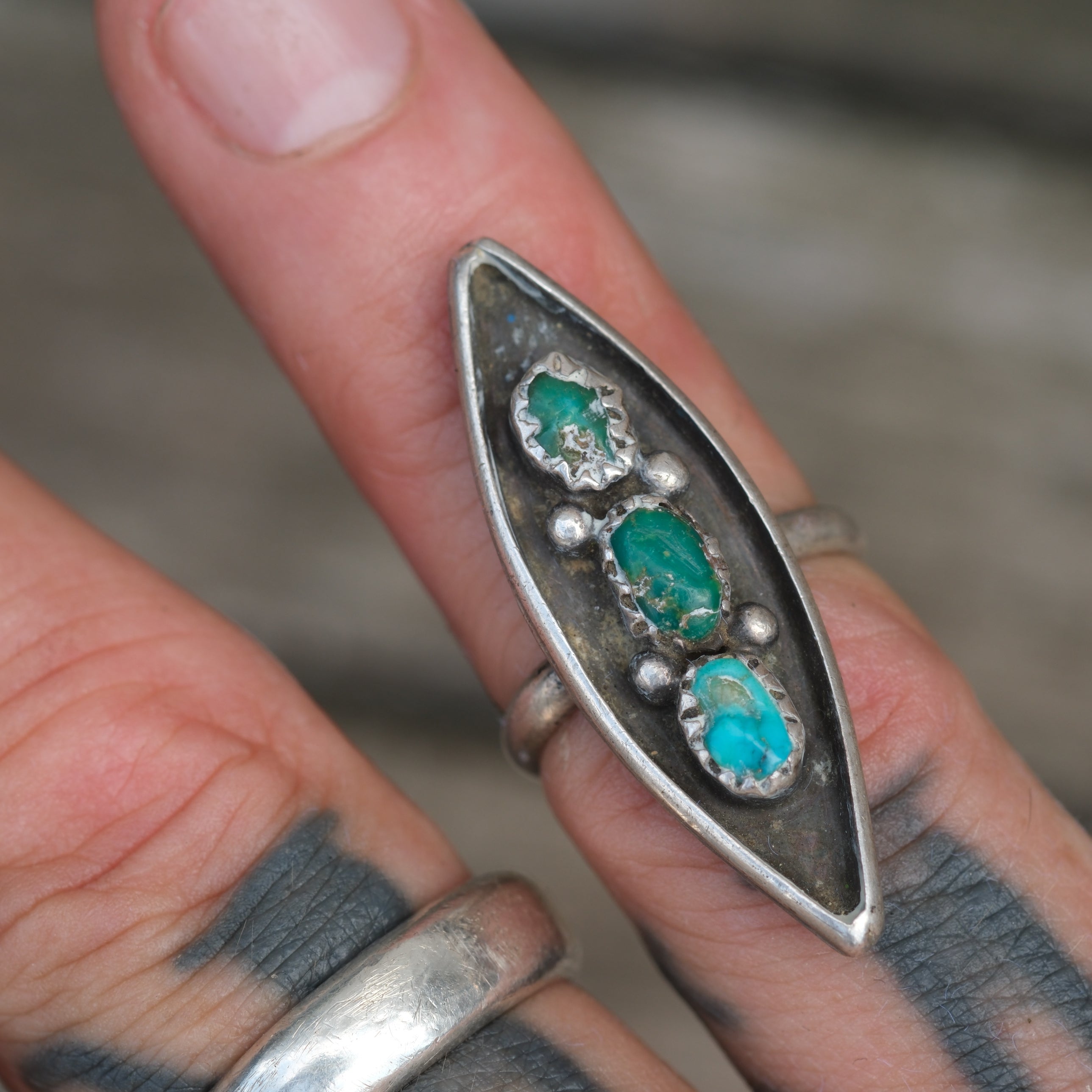 Vintage Sterling 3- Stone Turquoise Ring 4.25