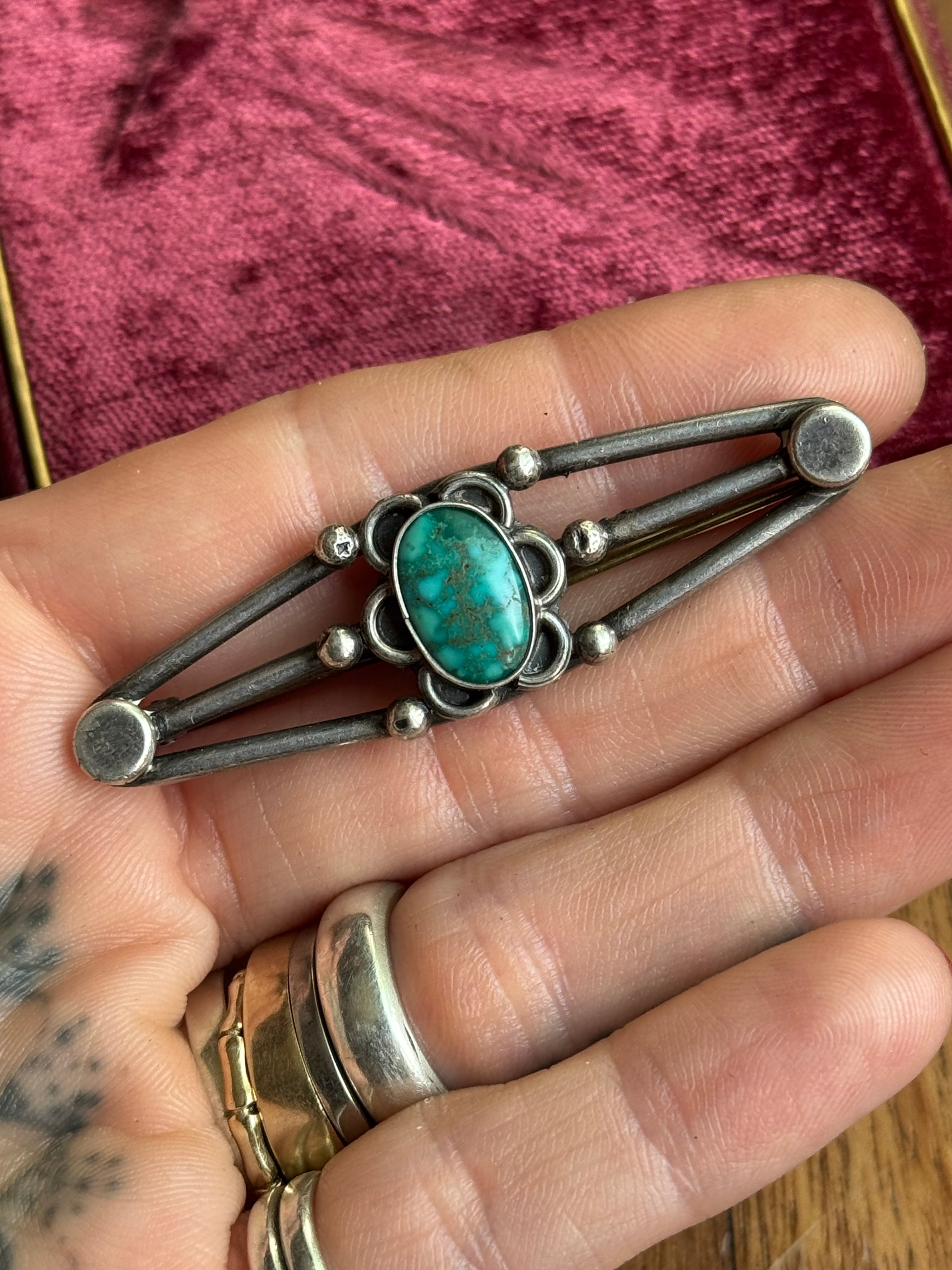Vintage Sterling Silver Turquoise Flower Pin