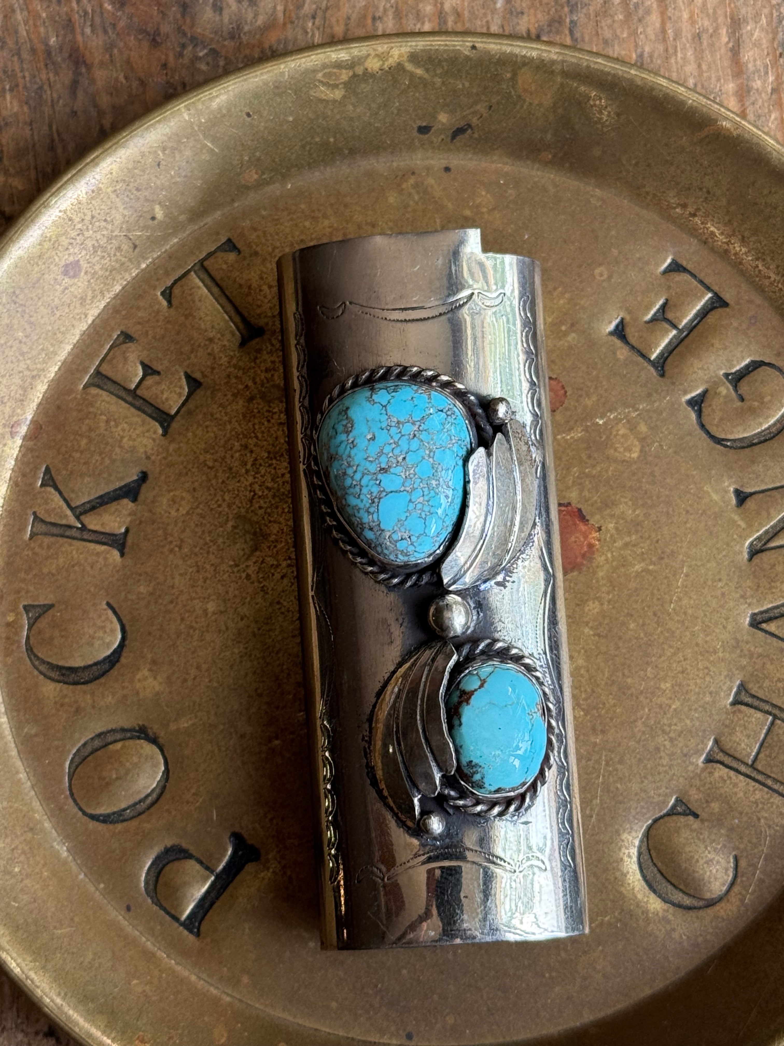 Vintage Stamped Nickel & Sterling Silver Turquoise Lighter Case