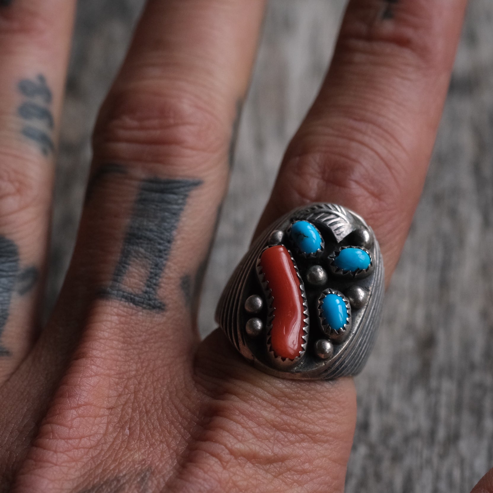 Vintage Sterling Turquoise and Coral Ring 9.5
