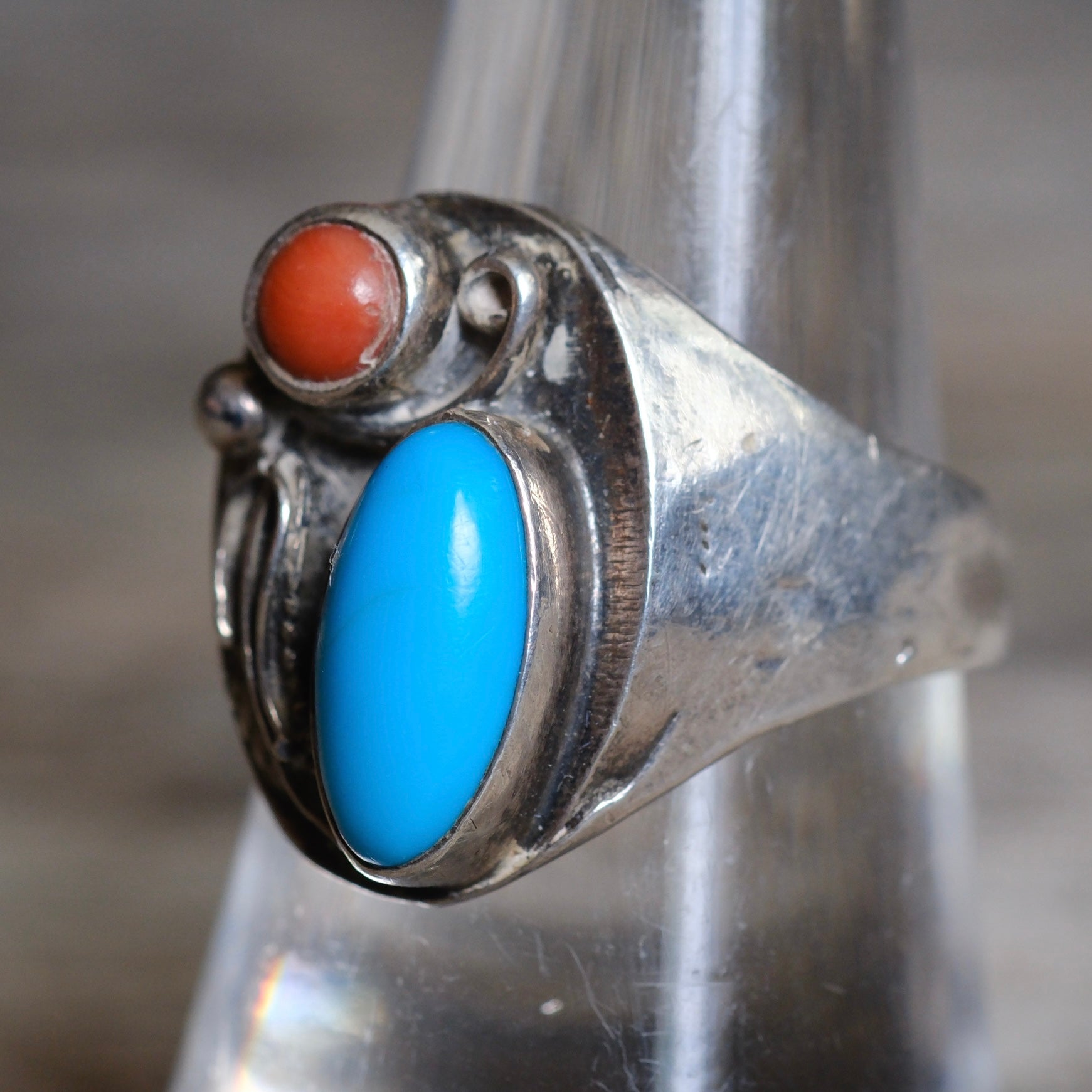 Vintage Sterling Turquoise and Coral Feather Ring 8.75