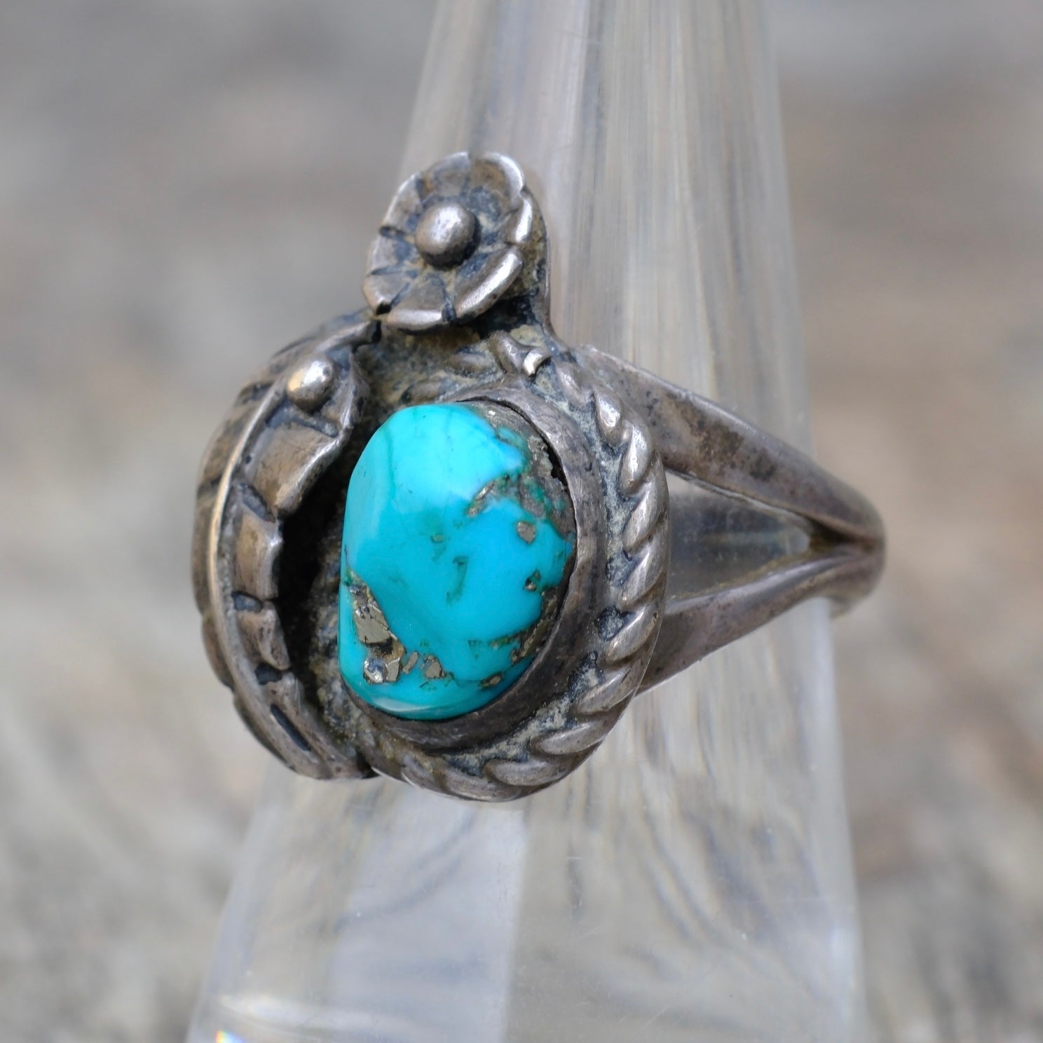 Vintage Sterling Turquoise Feather Ring 8