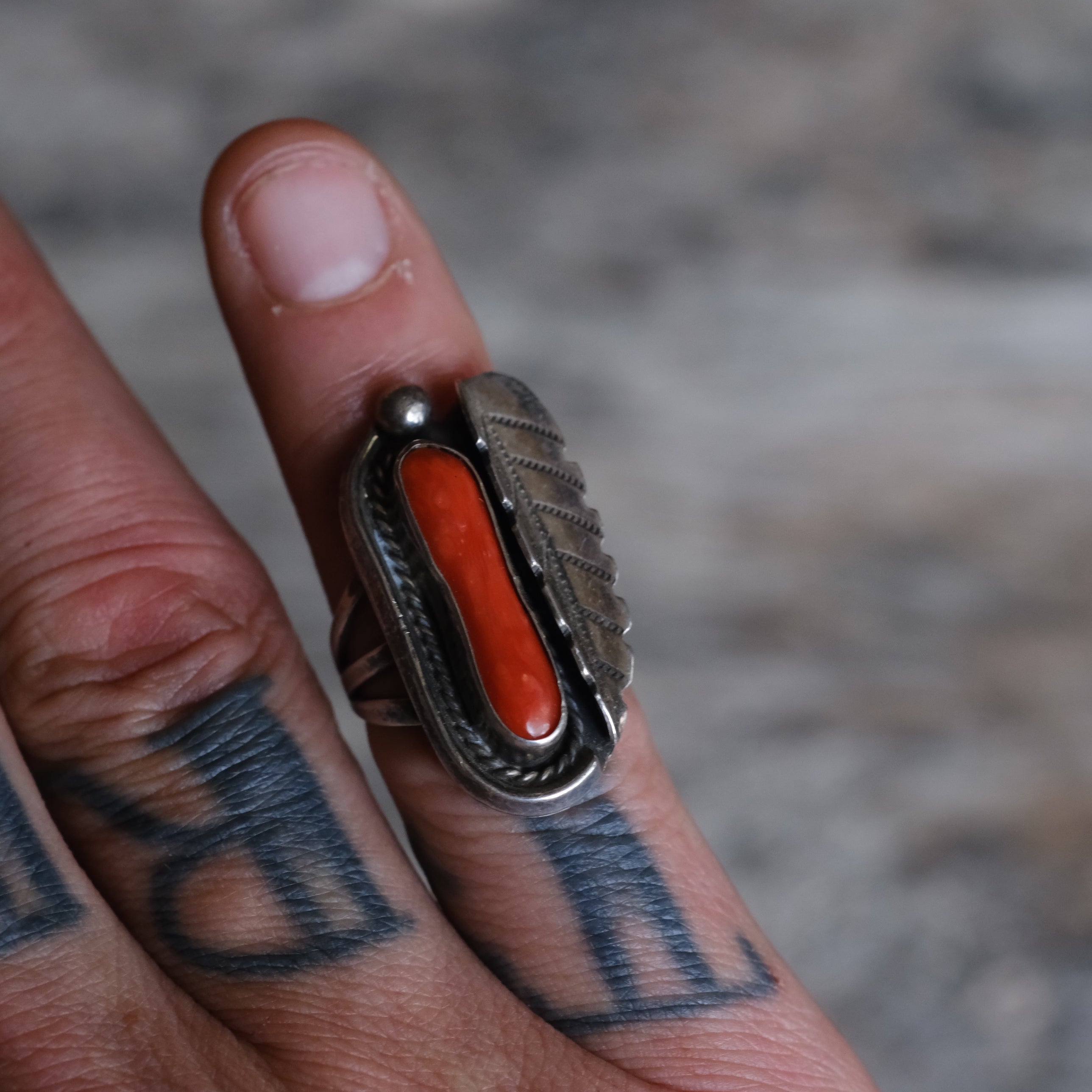 Vintage Sterling Coral Feather Ring 5