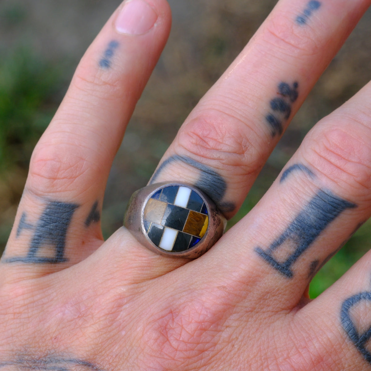 Vintage Sterling Multi Stone Inlay Ring 9.75