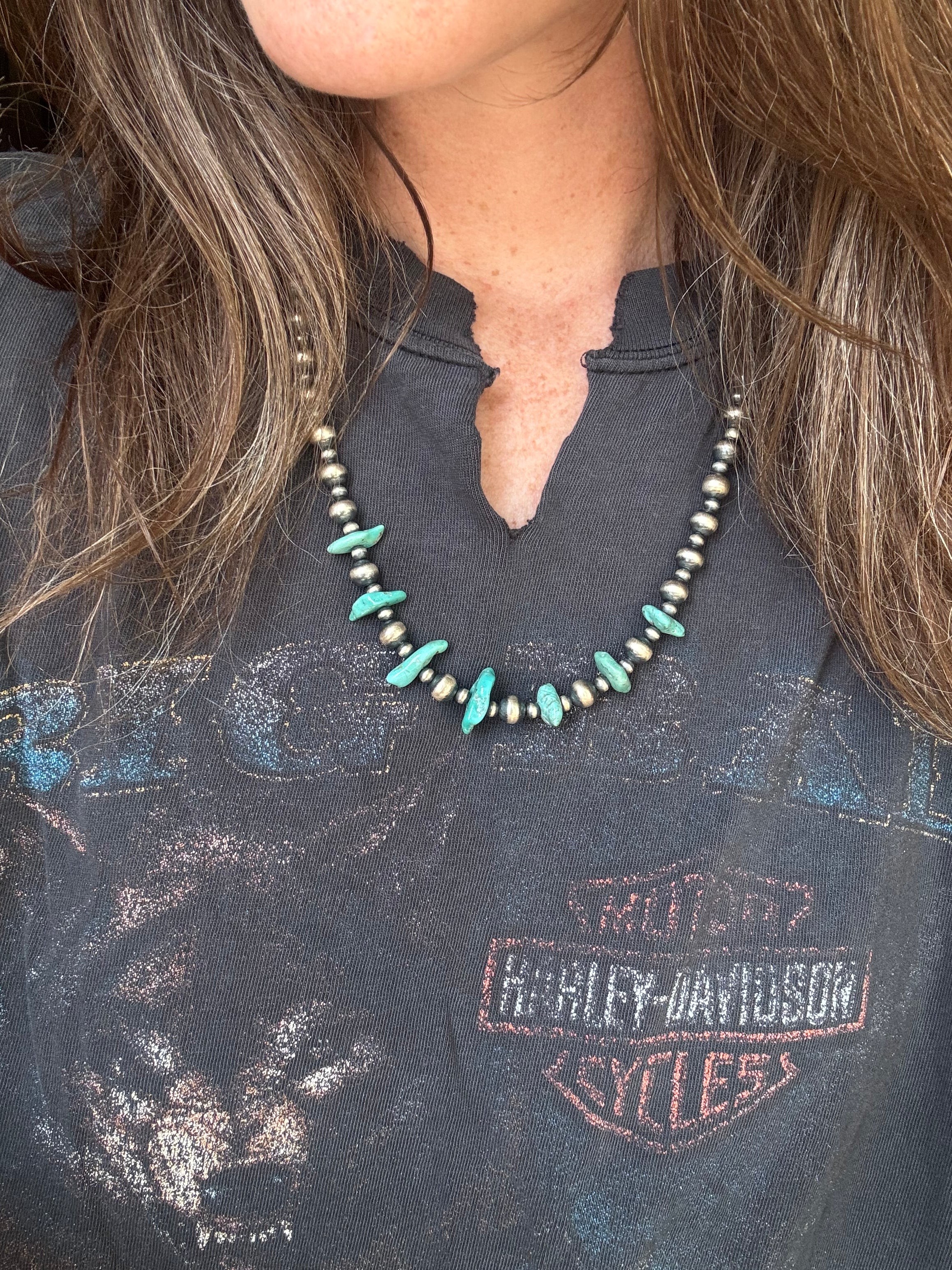 Vintage Raw Turquoise & Sterling Silver Pawn Bead Necklace