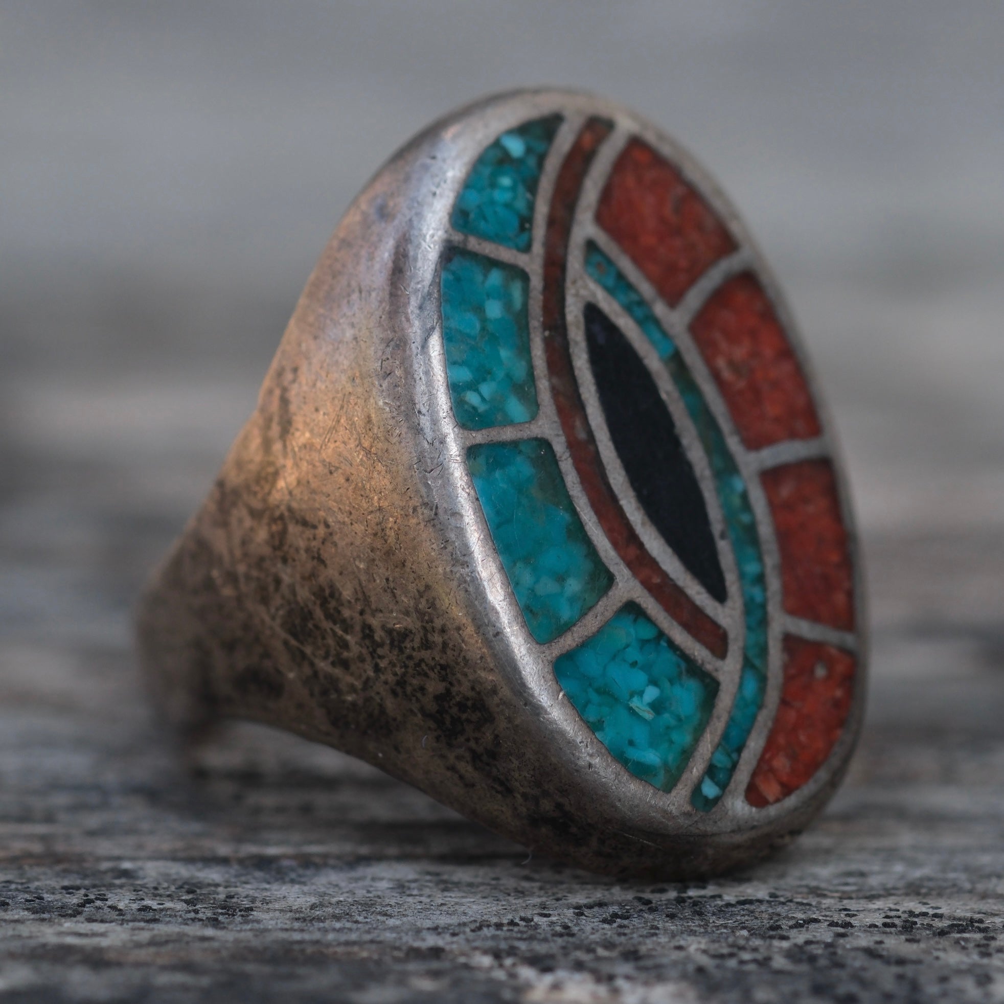 Vintage Sterling Turquoise and Coral Inlay Hummingbird Ring 11.5