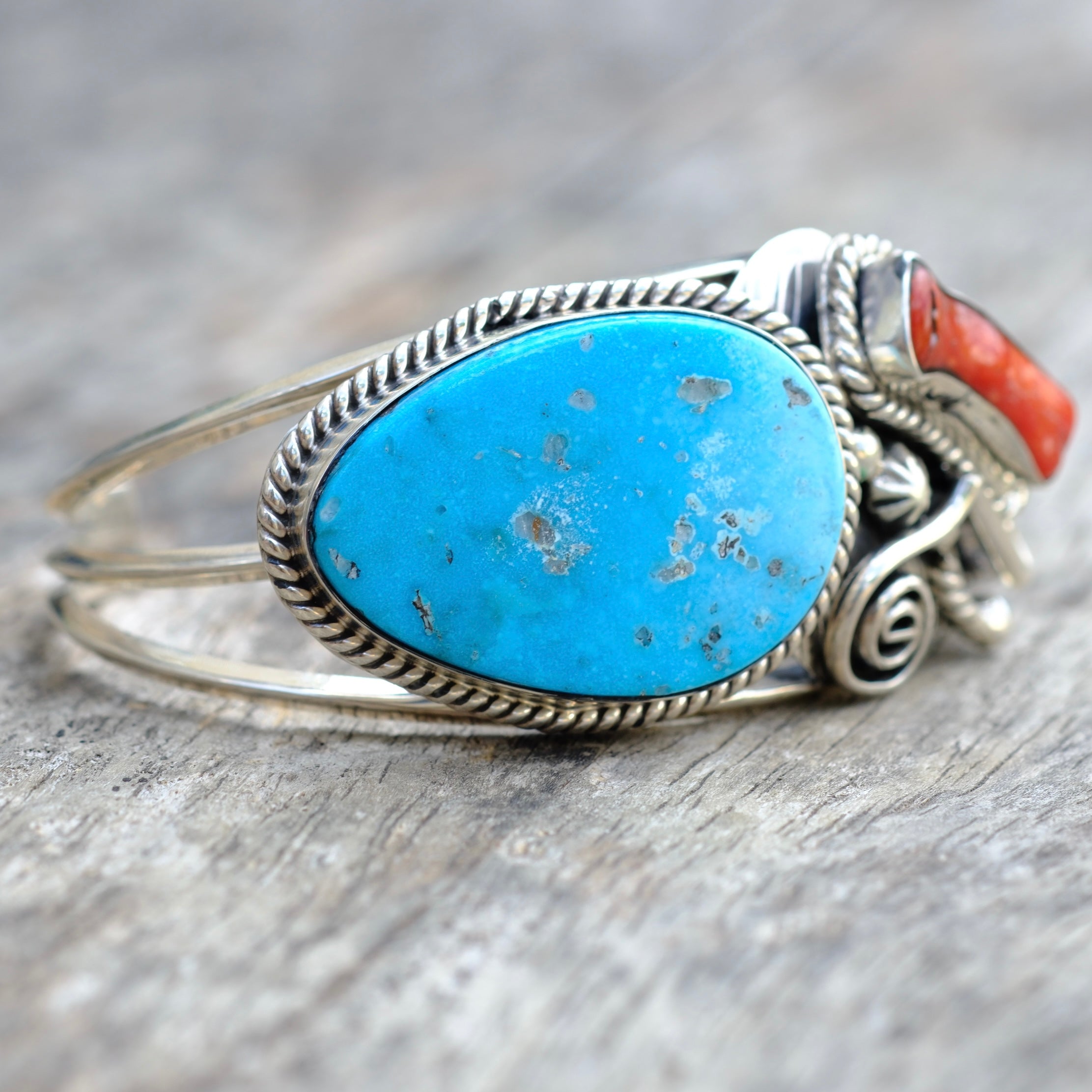 Vintage Sterling Turquoise and Coral Cuff Bracelet