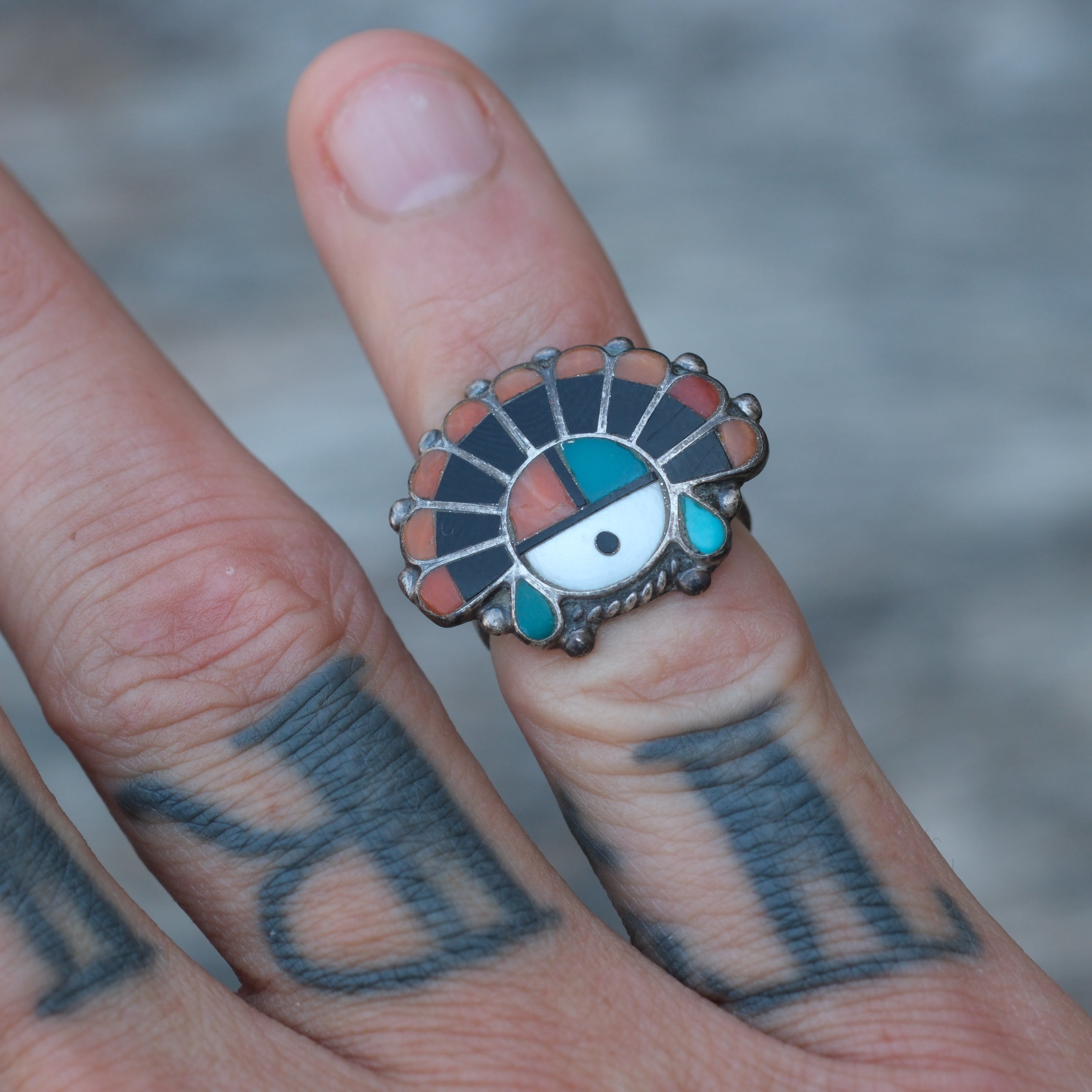 Older Vintage Sterling Multistone Inlay Headdress Ring 3.75