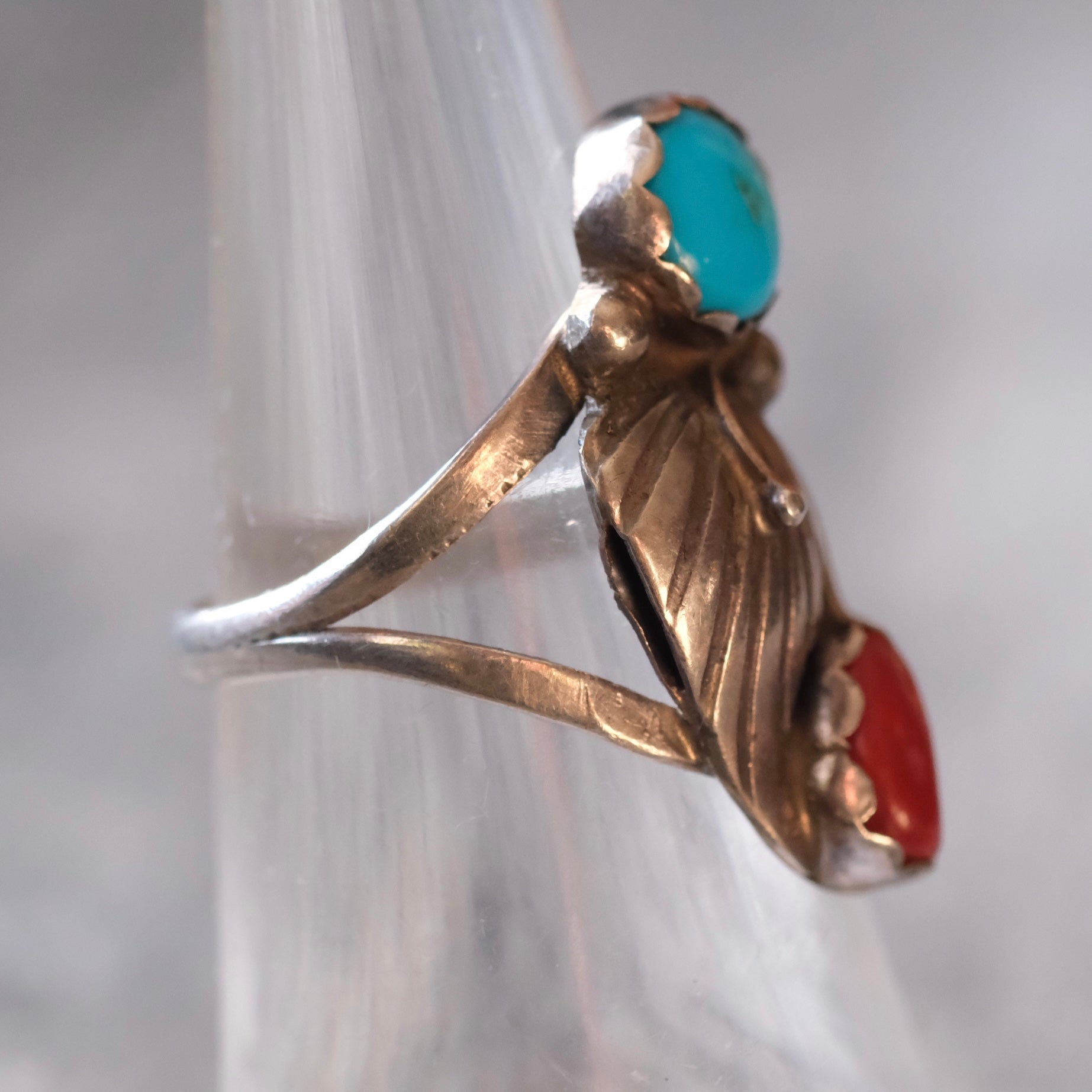 Vintage Sterling Turquoise and Coral Feather Ring 5.75