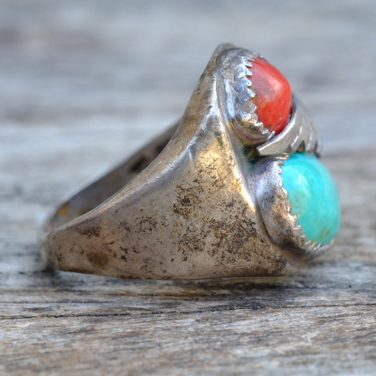 Vintage Sterling Turquoise and Coral Feather Ring 9