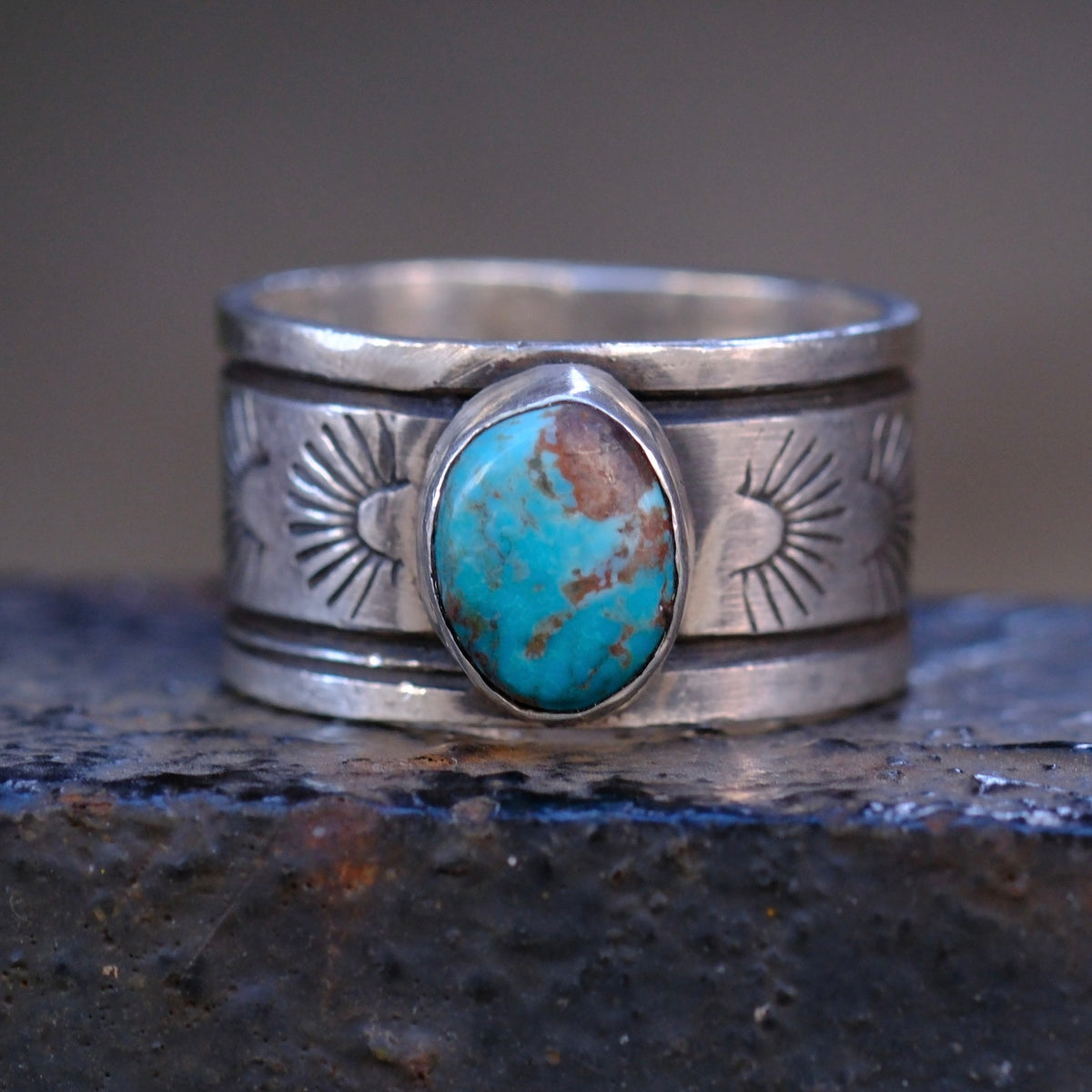 Sterling Silver Bisbee Turquoise Stamped Band Ring 9