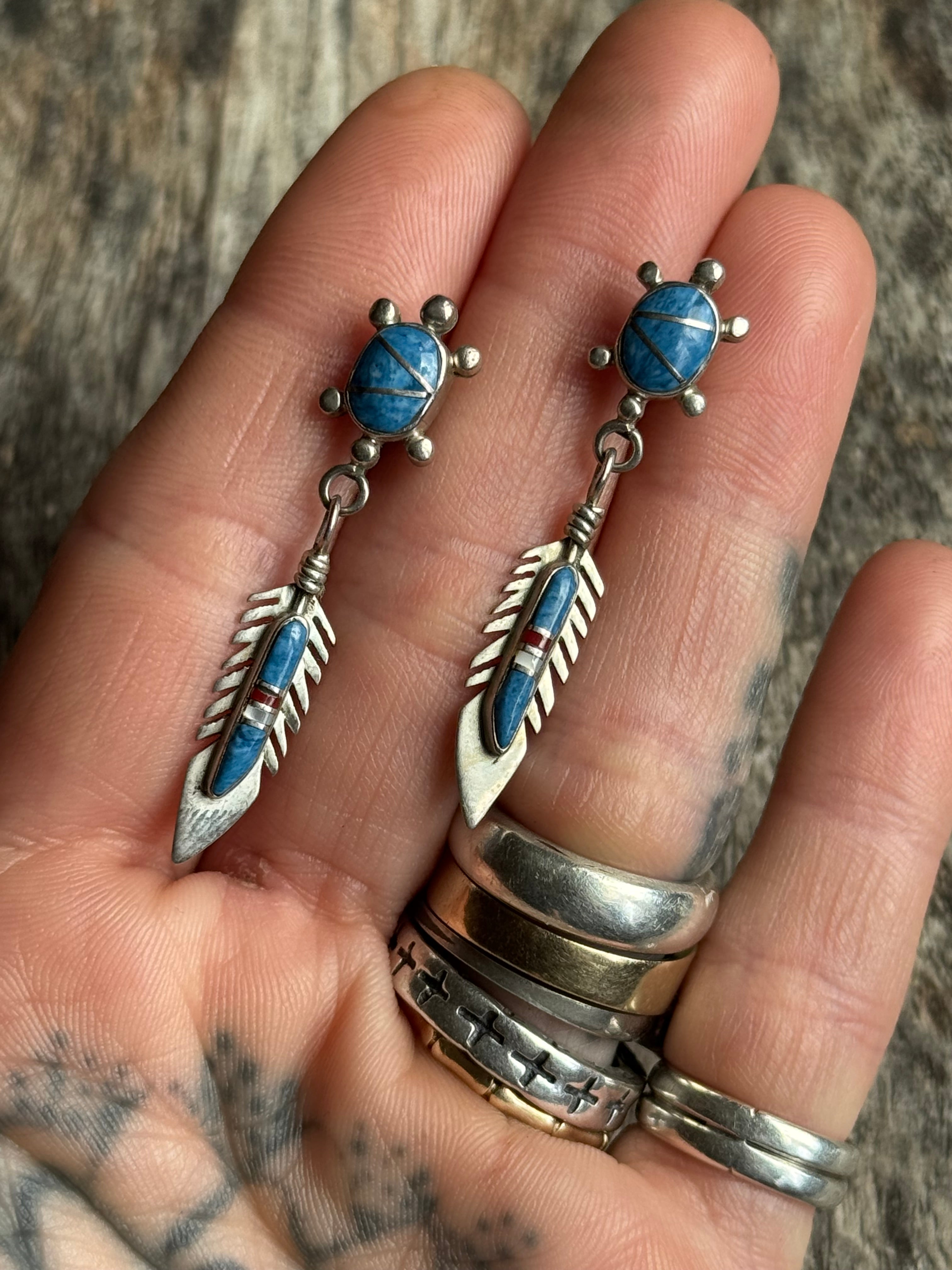 Vintage Sterling Silver Sodalite Inlay Turtle Feather Earrings