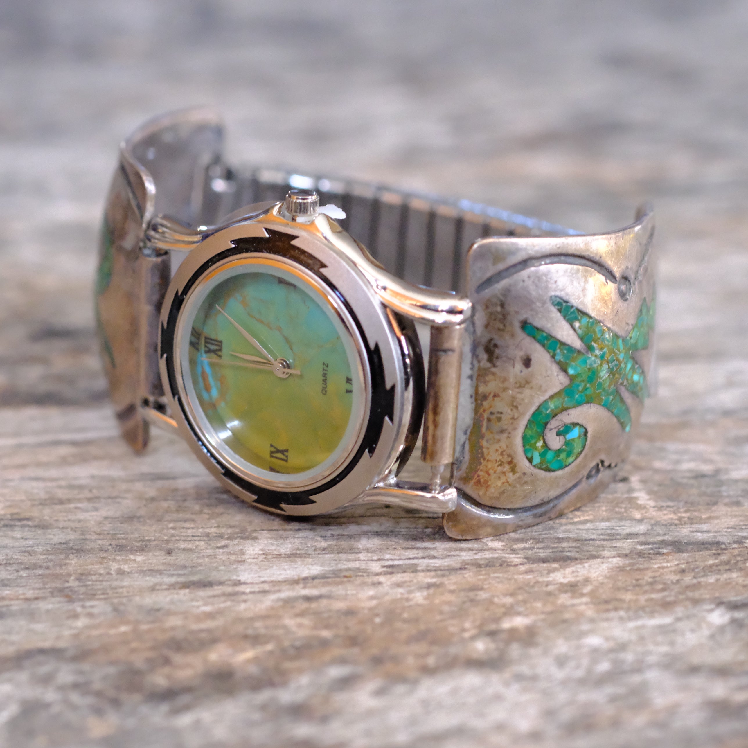 Vintage Sterling Crushed Turquoise Inlay Watch With Turquoise Dial