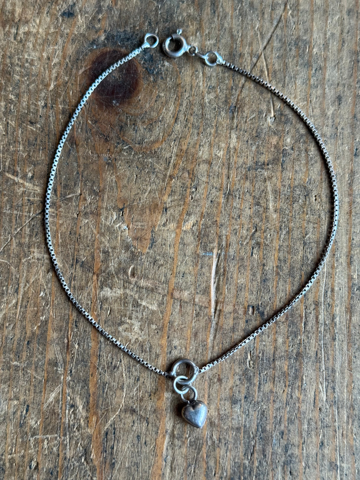 Vintage Sterling Silver Box Chain Heart Bracelet