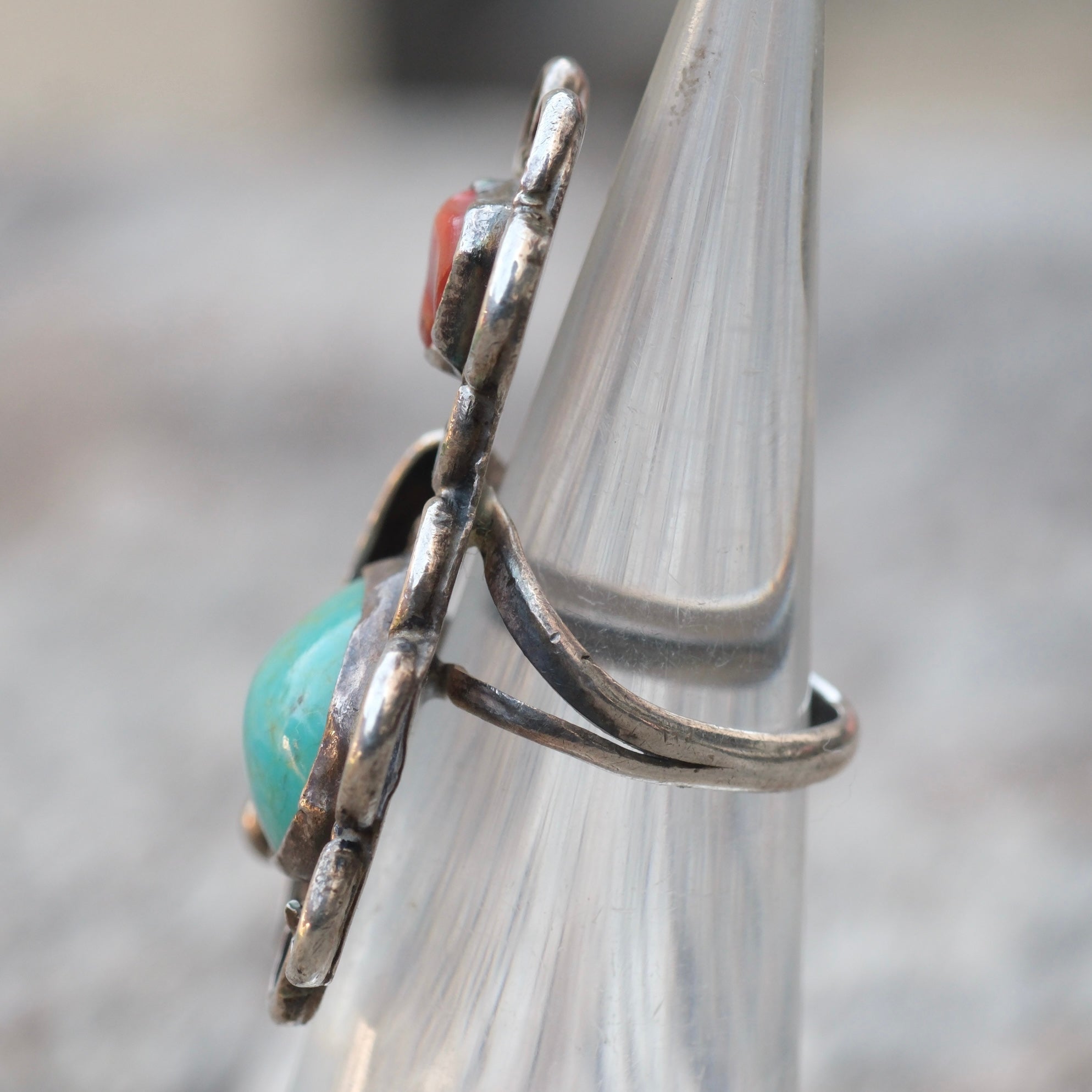 Vintage Sterling Turquoise and Coral Feather Ring 4