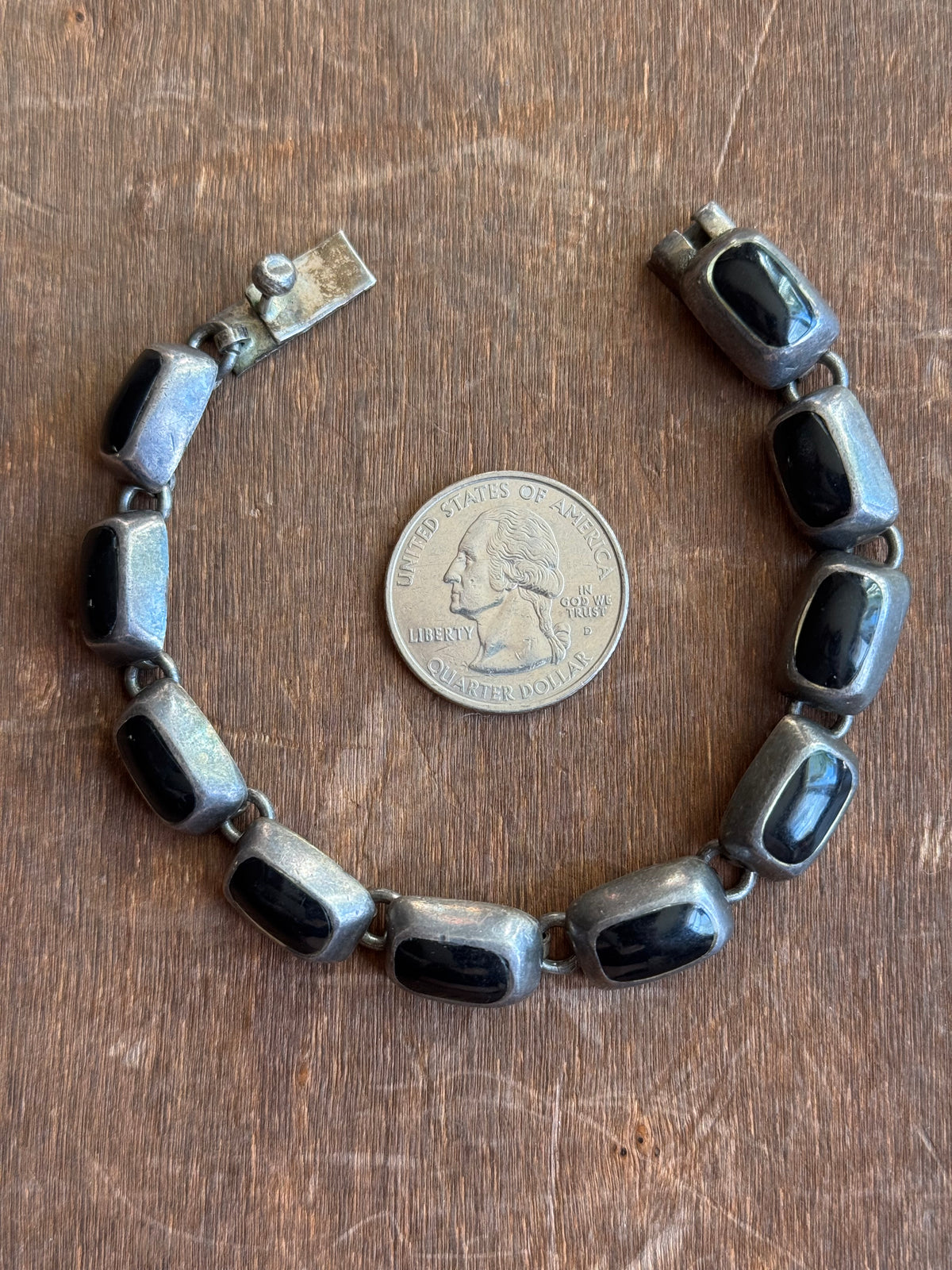 Vintage Sterling Silver 7” Onyx Inlay Chunk Square Link Bracelet