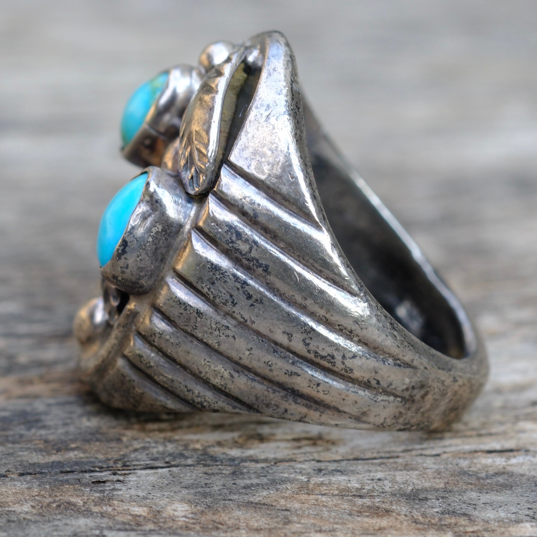 Vintage Sterling 2-Stone Turquoise Feather Ring 9.5