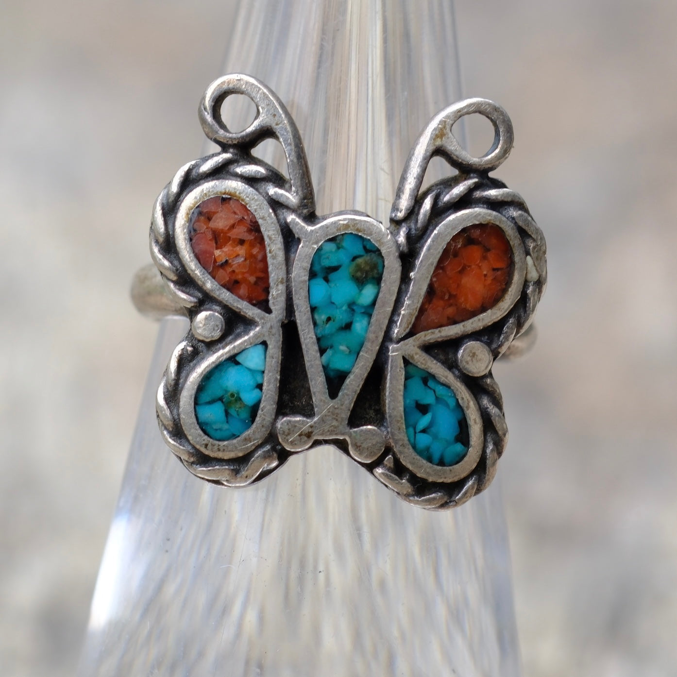 Vintage Sterling Turquoise and Coral Butterfly Ring 4.25