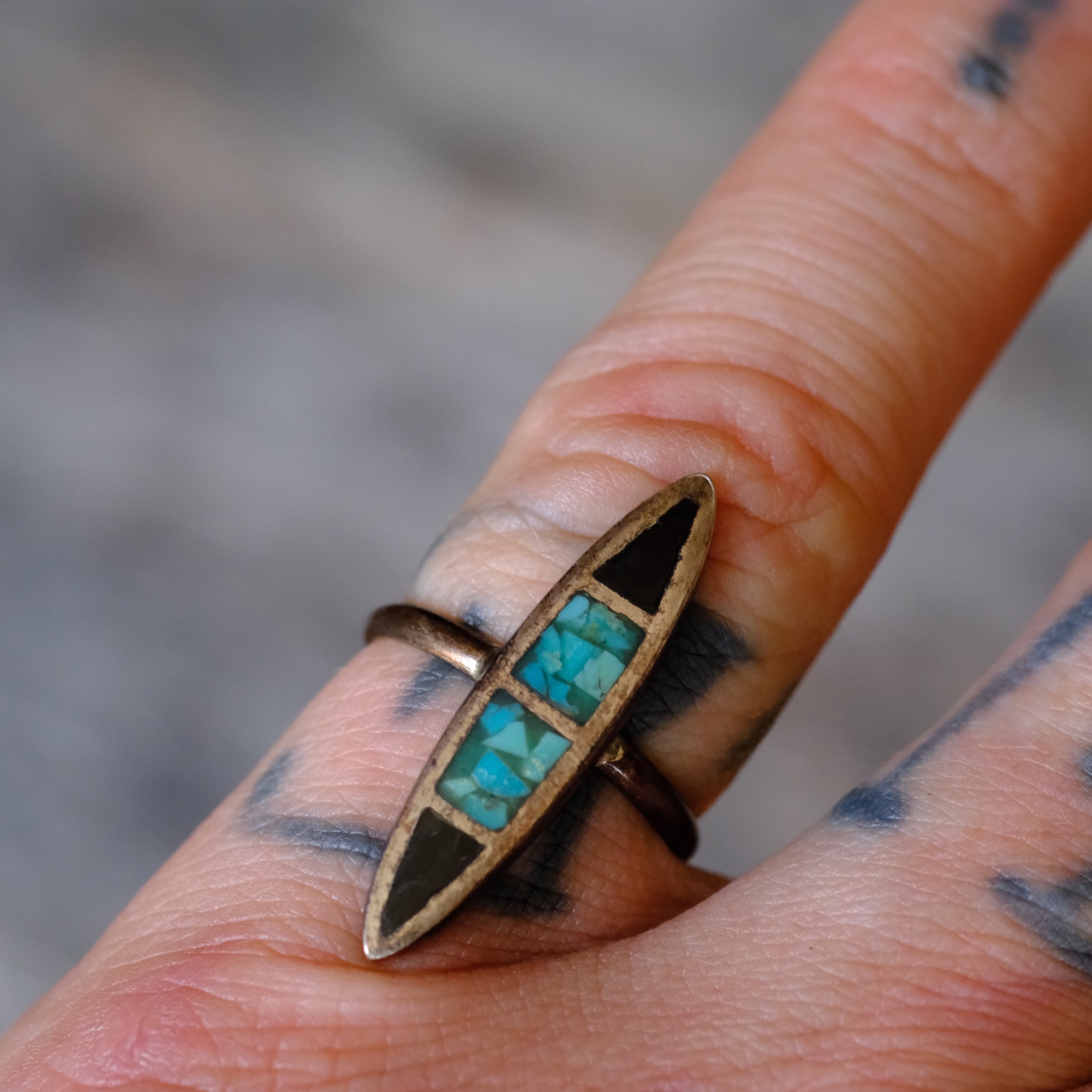 Vintage Sterling Turquoise and Onyx Inlay Ring 5.25