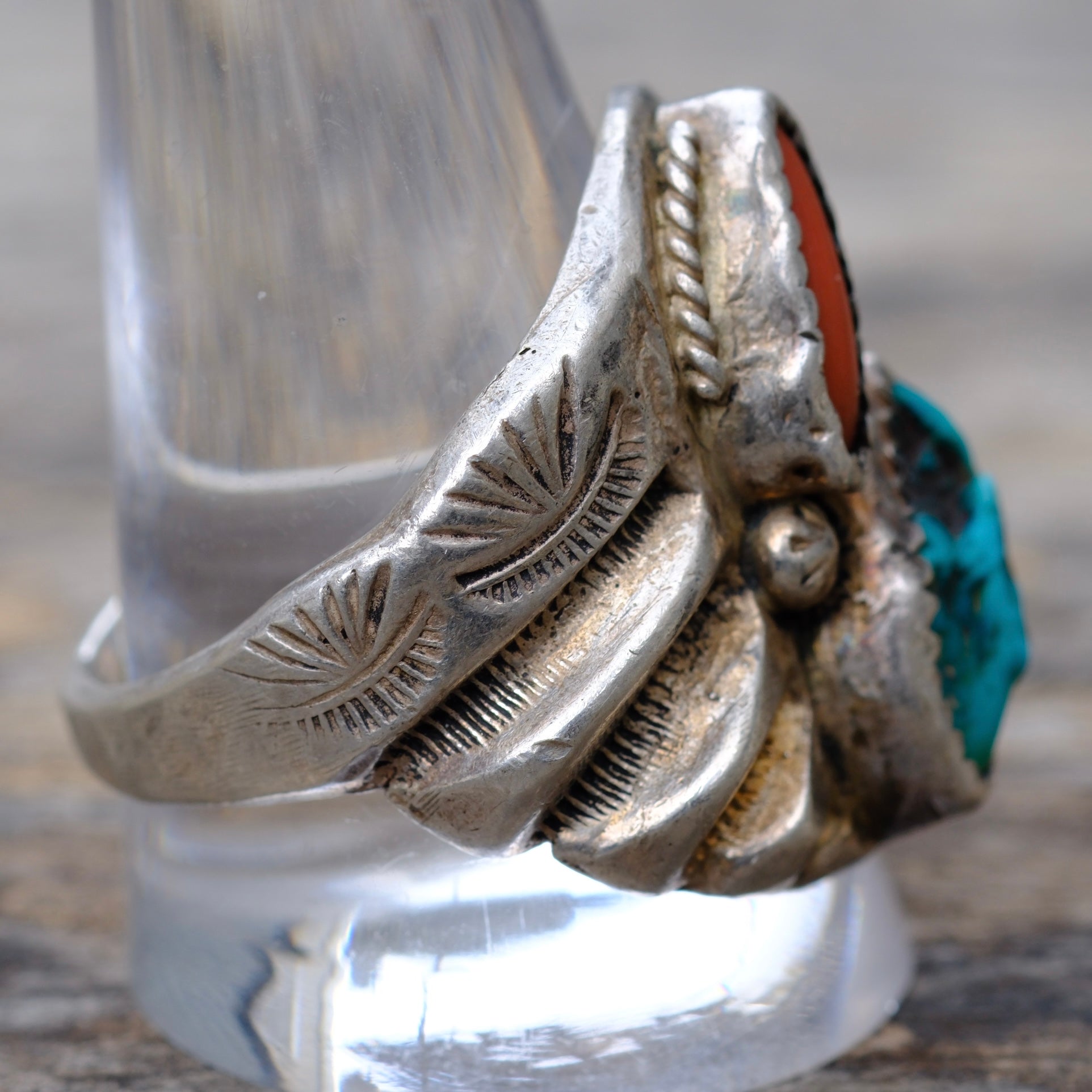 Vintage Sterling Turquoise and Coral Ring 12.25