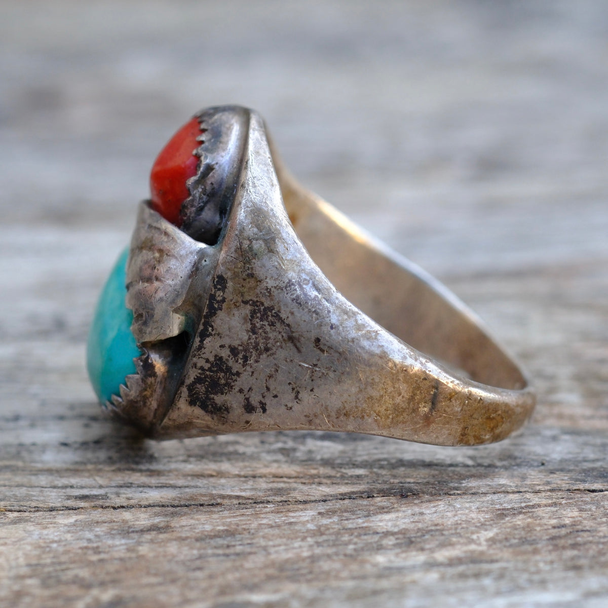 Vintage Sterling Turquoise and Coral Feather Ring 9