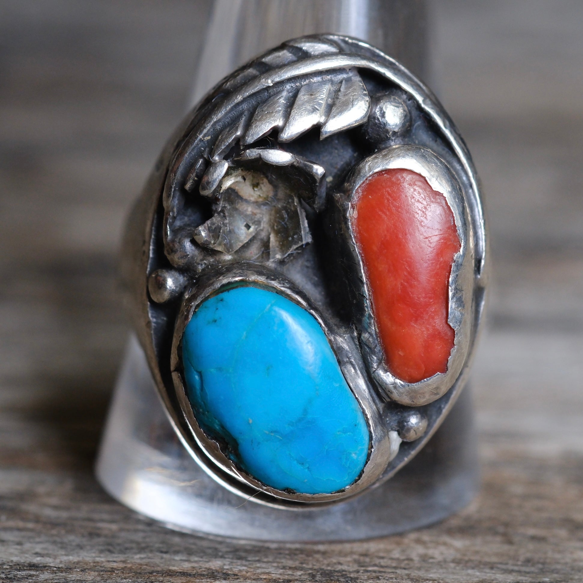 Vintage Sterling Turquoise and Coral Feather Ring 12.25