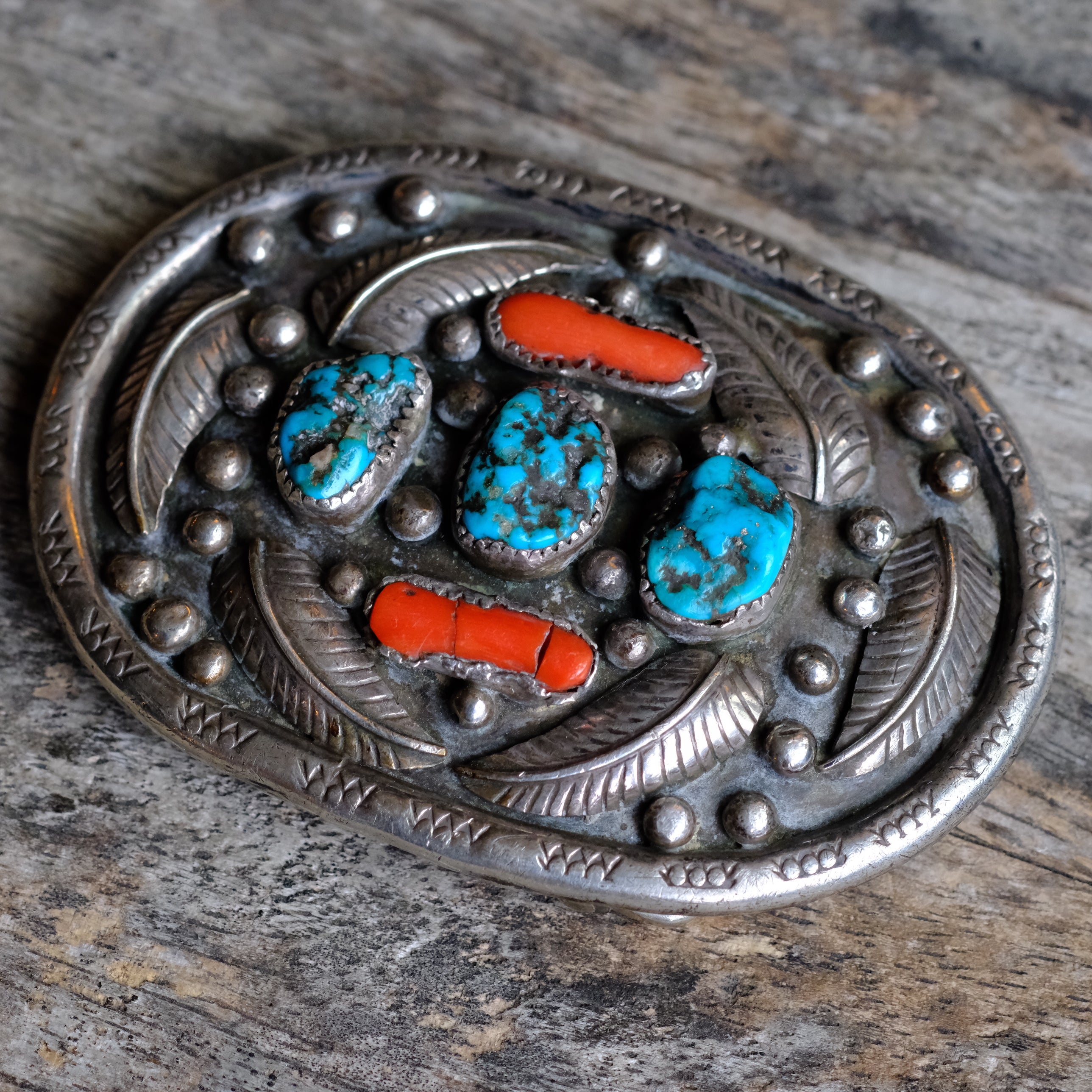 Vintage Sterling Turquoise and Coral Belt Buckle