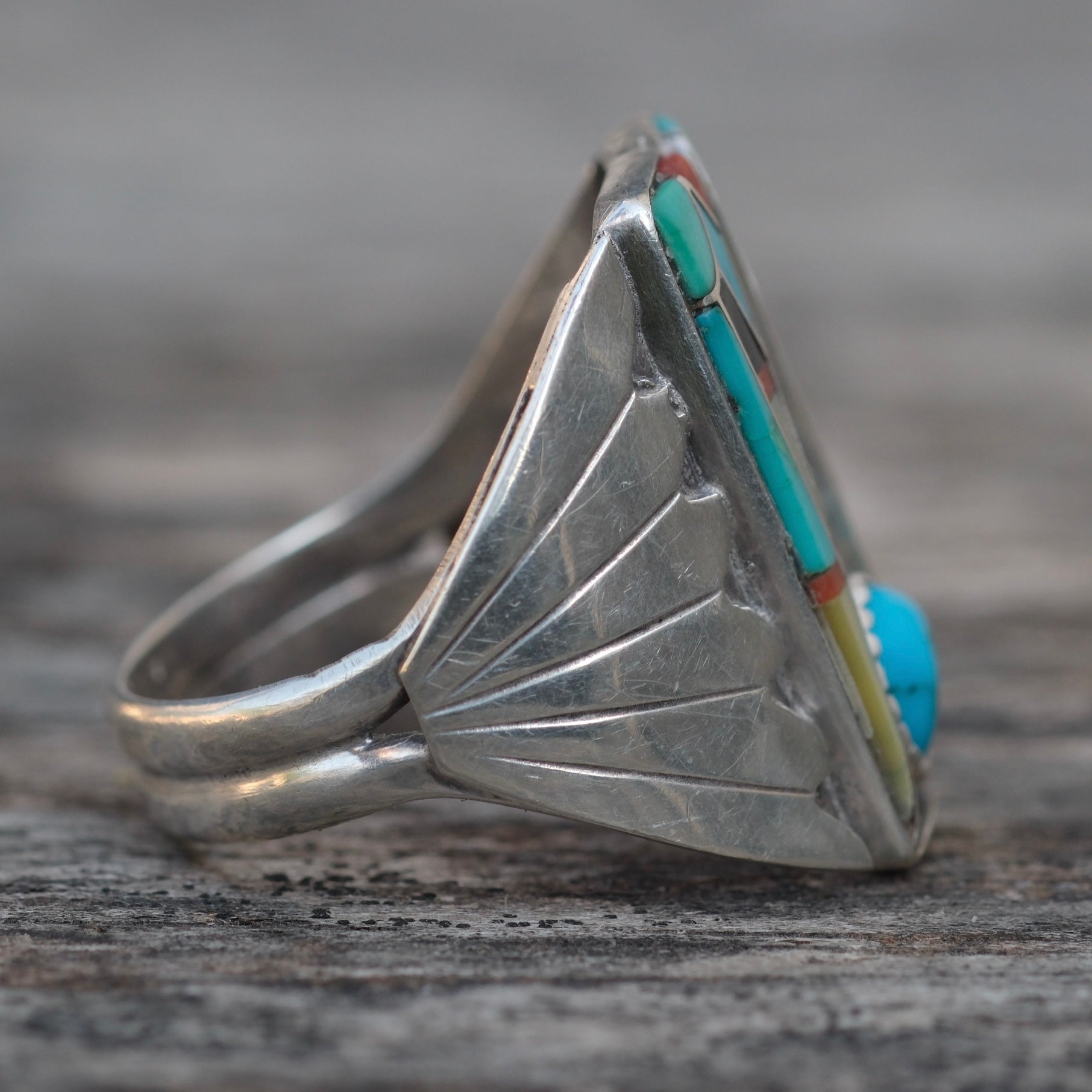 Vintage Sterling Zuni Inlay Ring 11.5