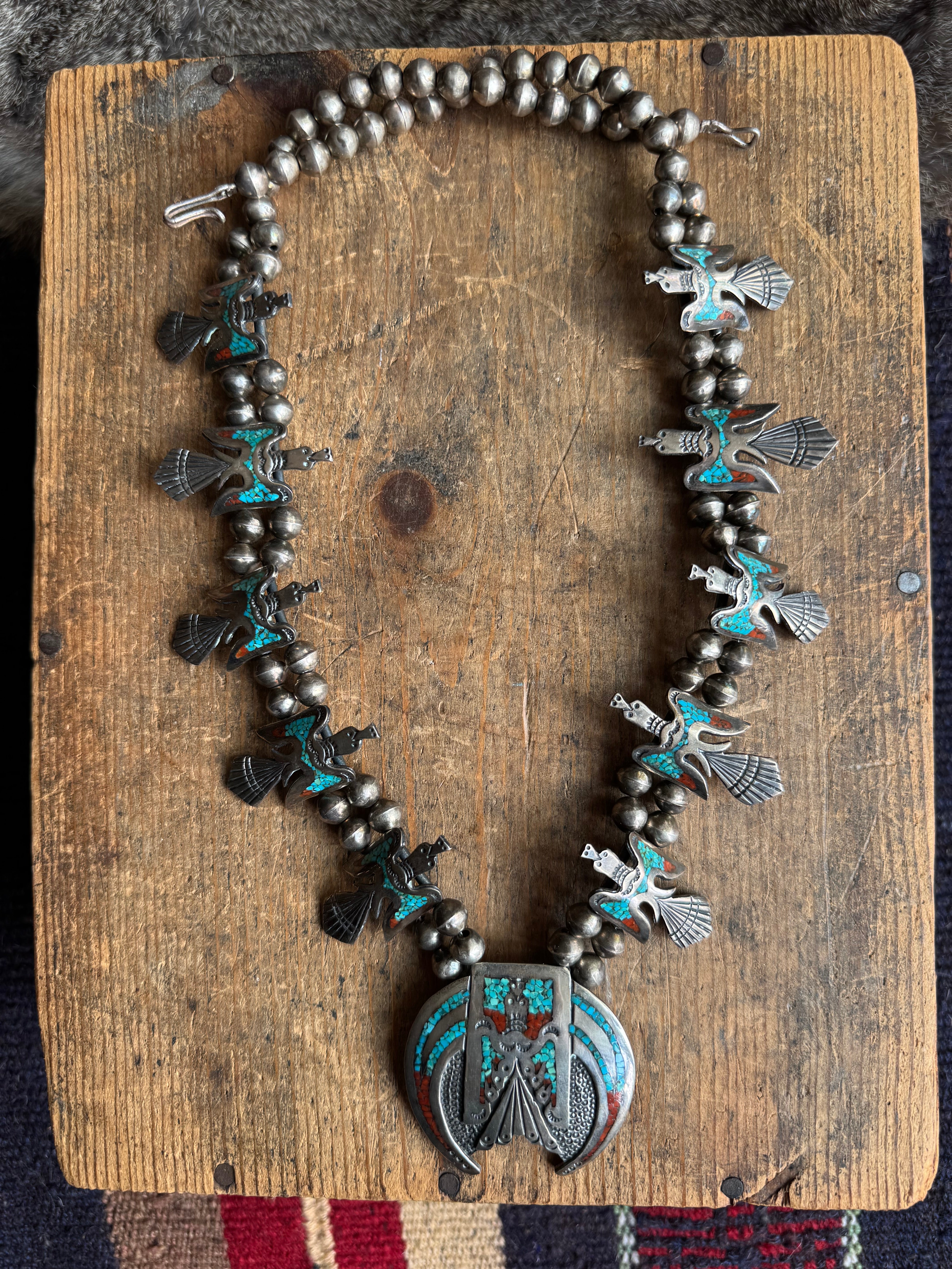 Vintage Sterling Silver Turquoise & Coral Inlay Peyote Bird Squash Blossom