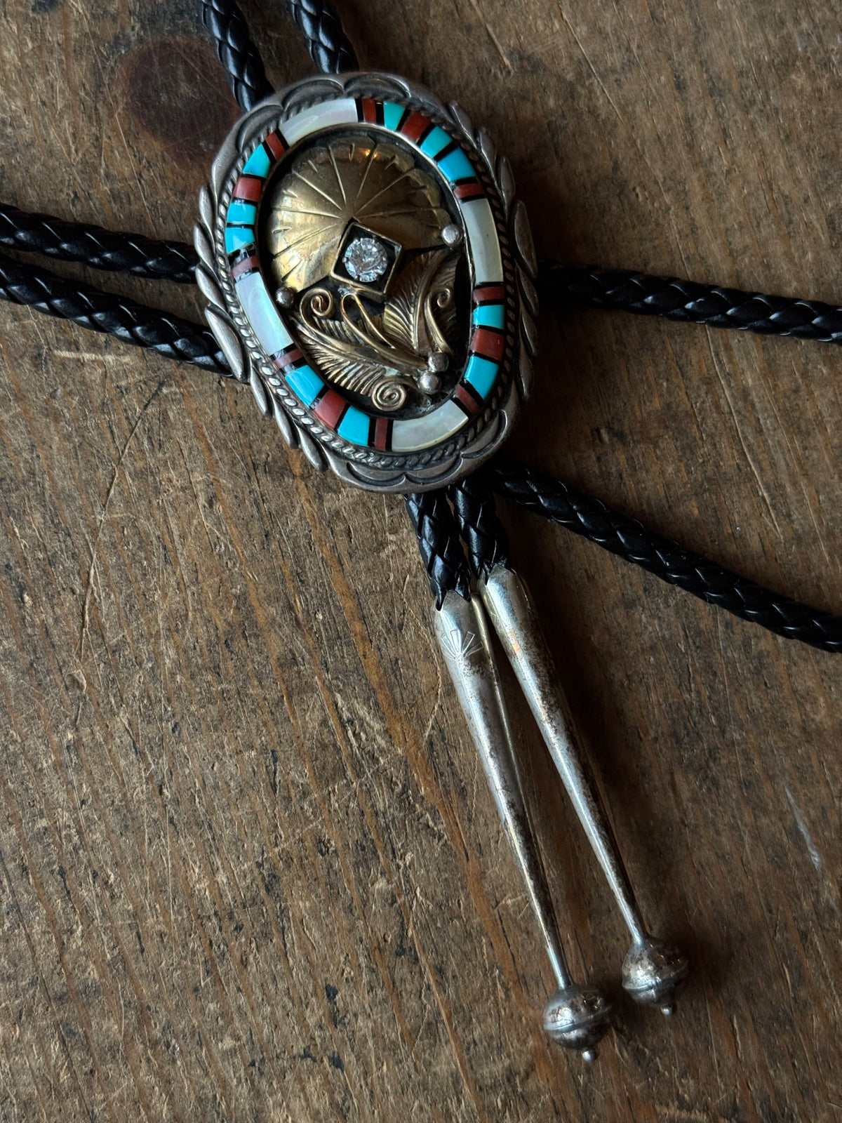 Vintage Sterling Silver & Brass CZ Multistone Inlay Bolo