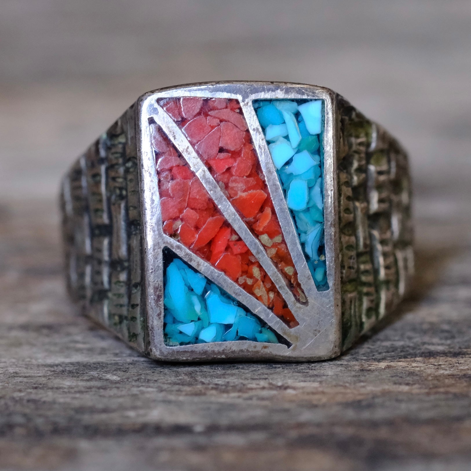 Vintage Sterling Turquoise and Coral Inlay Sunrise Ring 10