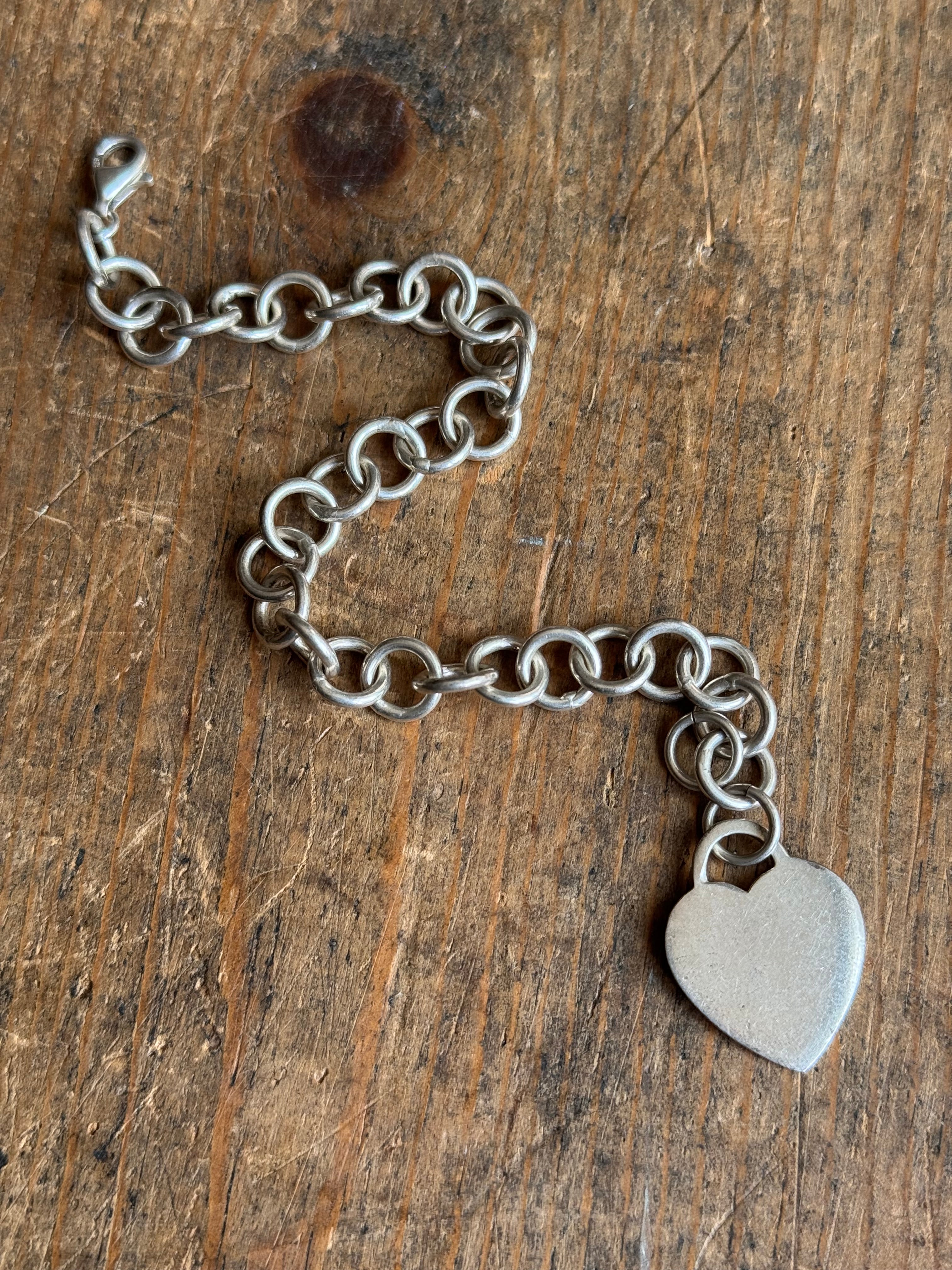 Vintage Sterling Silver 7” Cable Link Heart Tag Bracelet