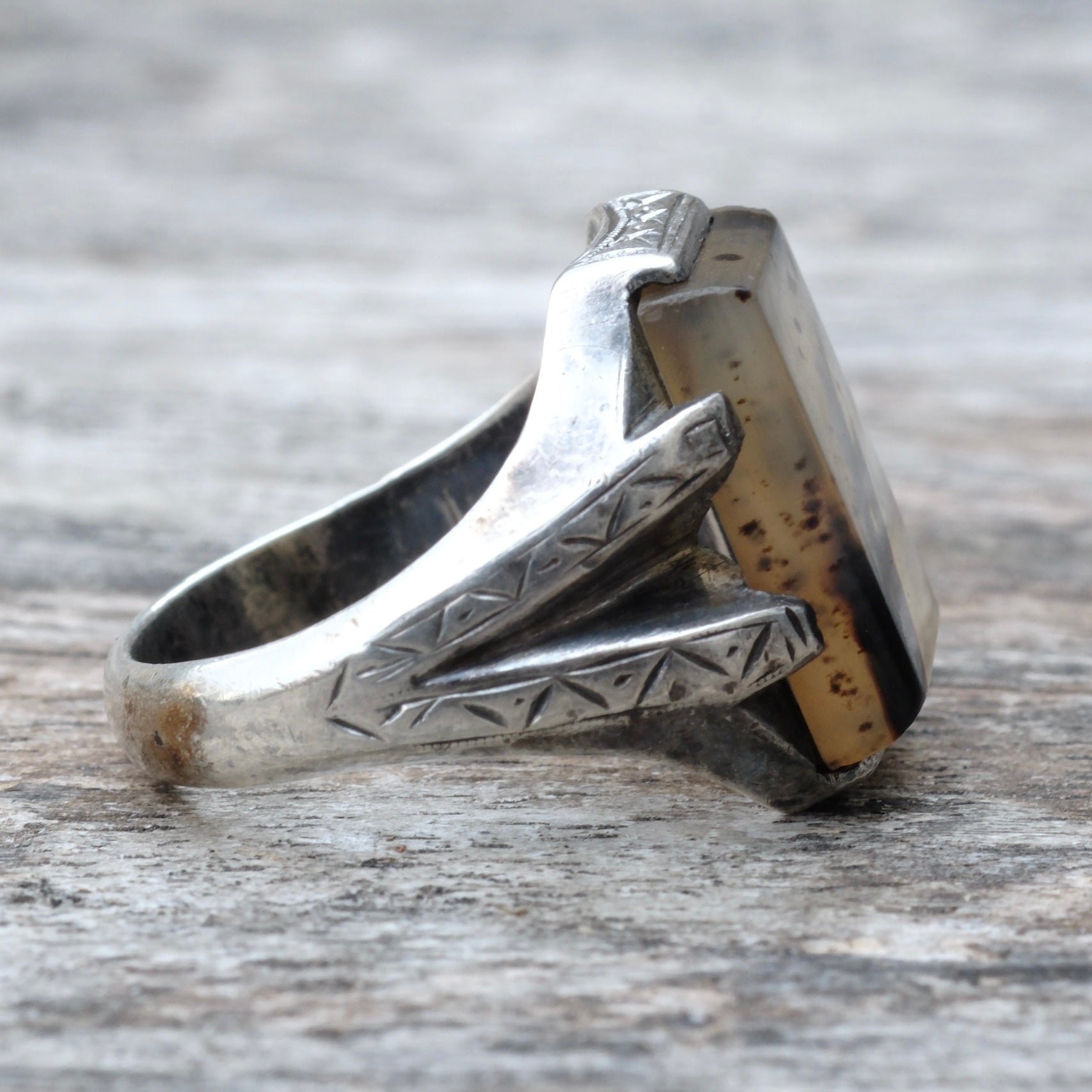 Vintage Sterling Silver Agate Signet Ring 8.5