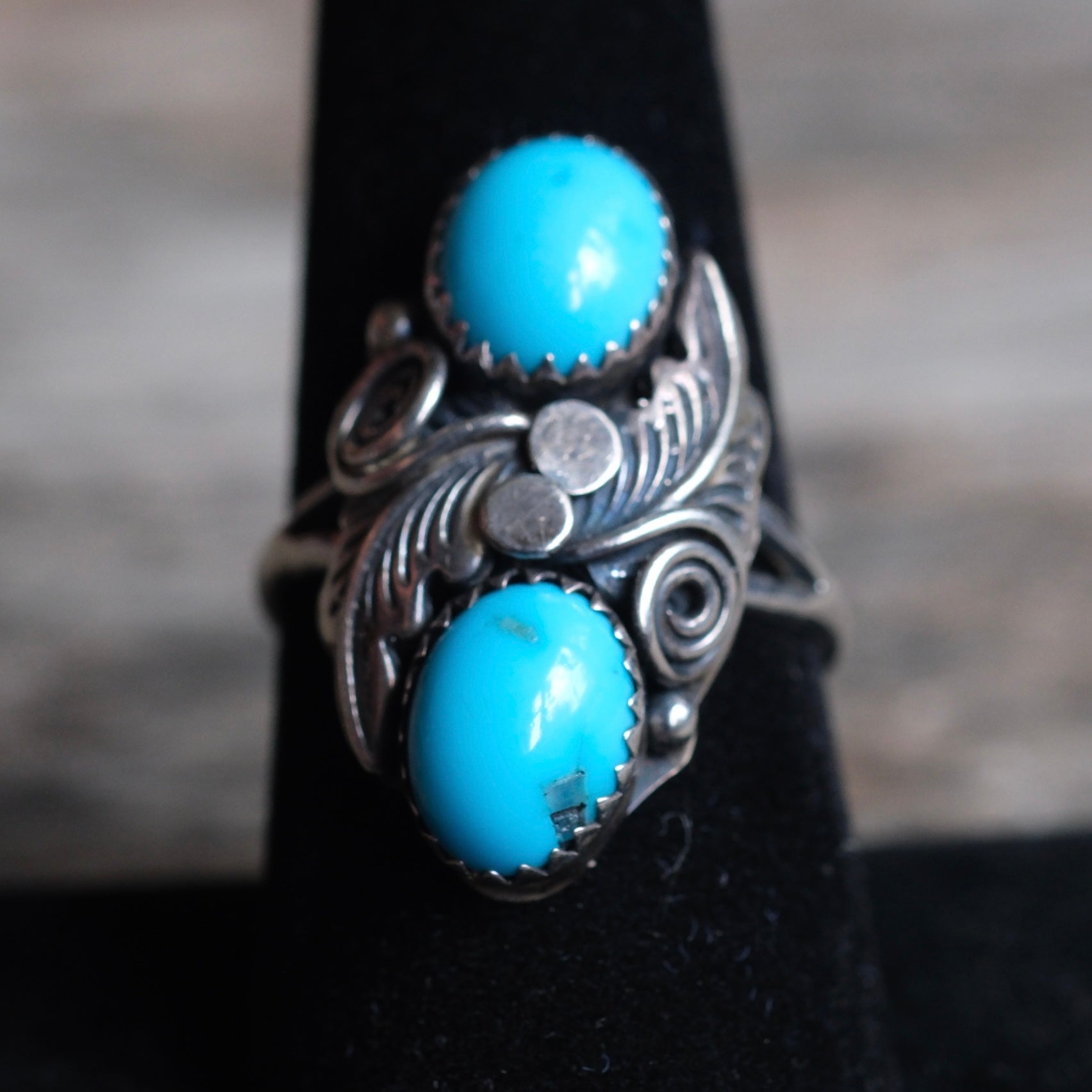 Vintage Sterling 2-Stone Turquoise Feather Ring 9