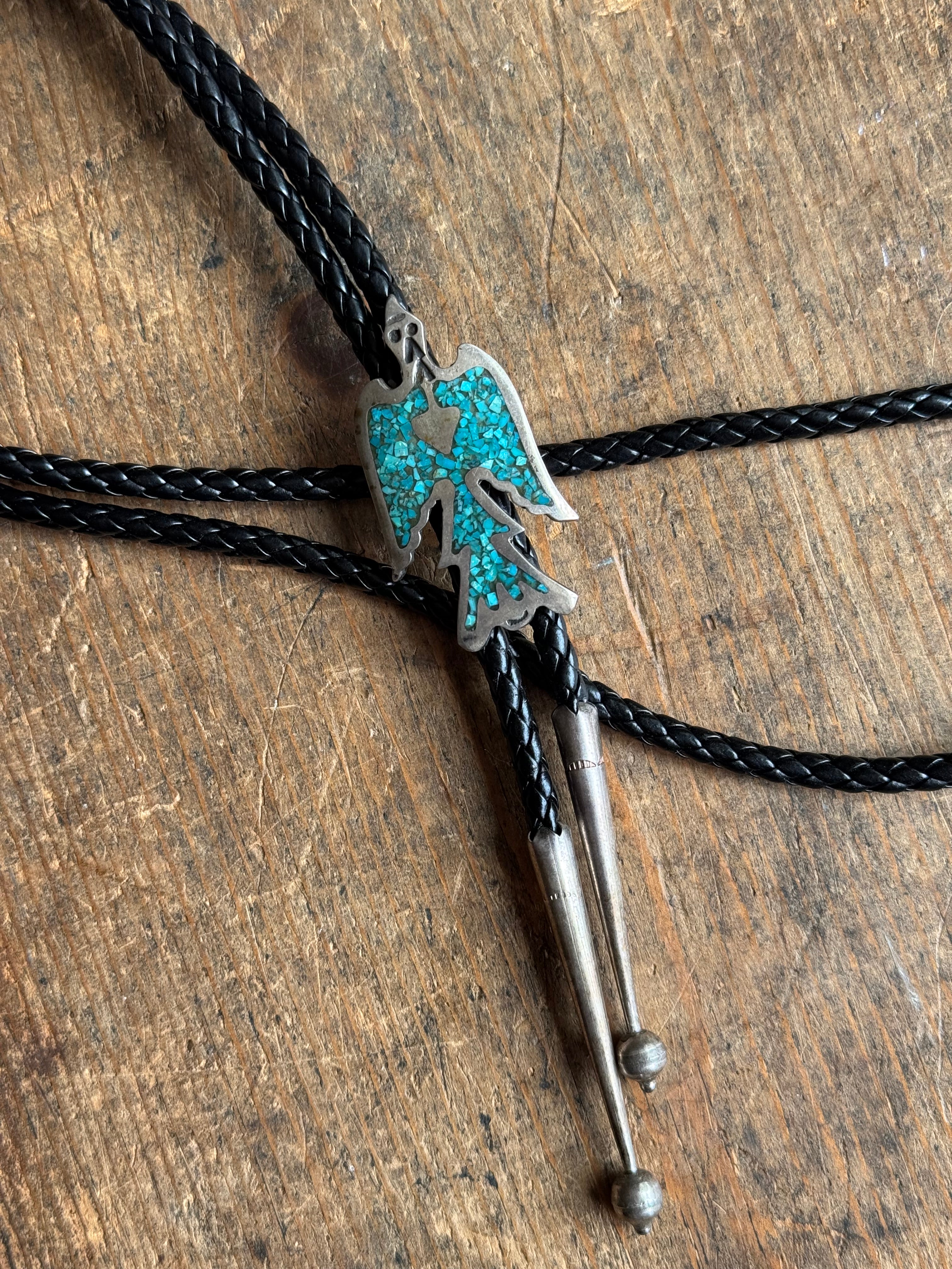 Vintage Sterling Silver Turquoise Inlay Eagle Bolo