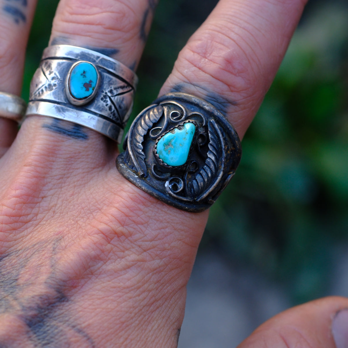 Vintage Sterling Turquoise Feather Ring 10.5