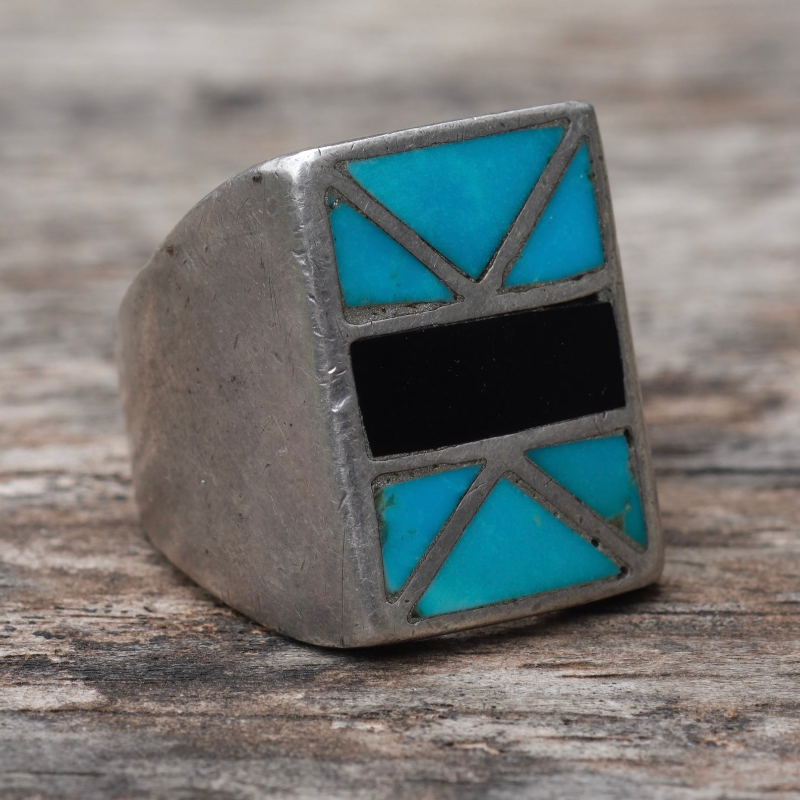 Vintage Sterling Turquoise and Onyx Inlay Ring 8