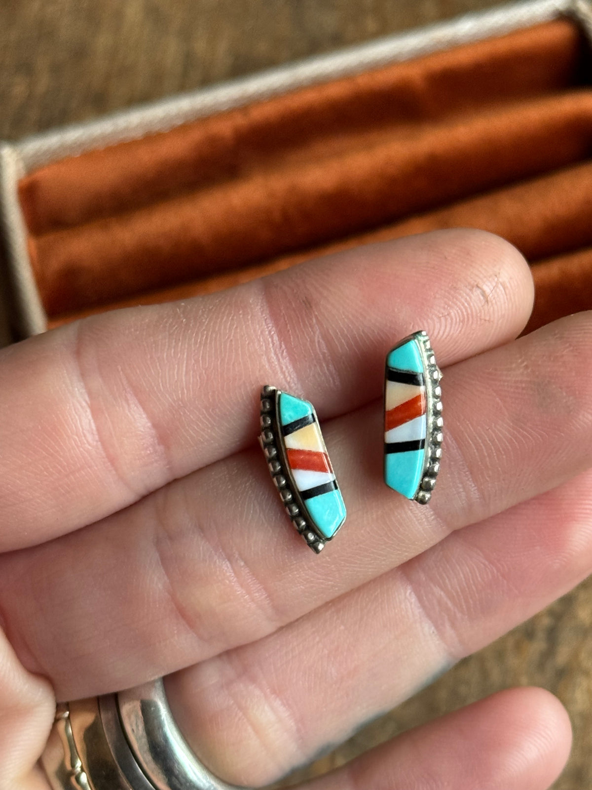 Vintage Sterling Silver Multistone Inlay Arch Earrings